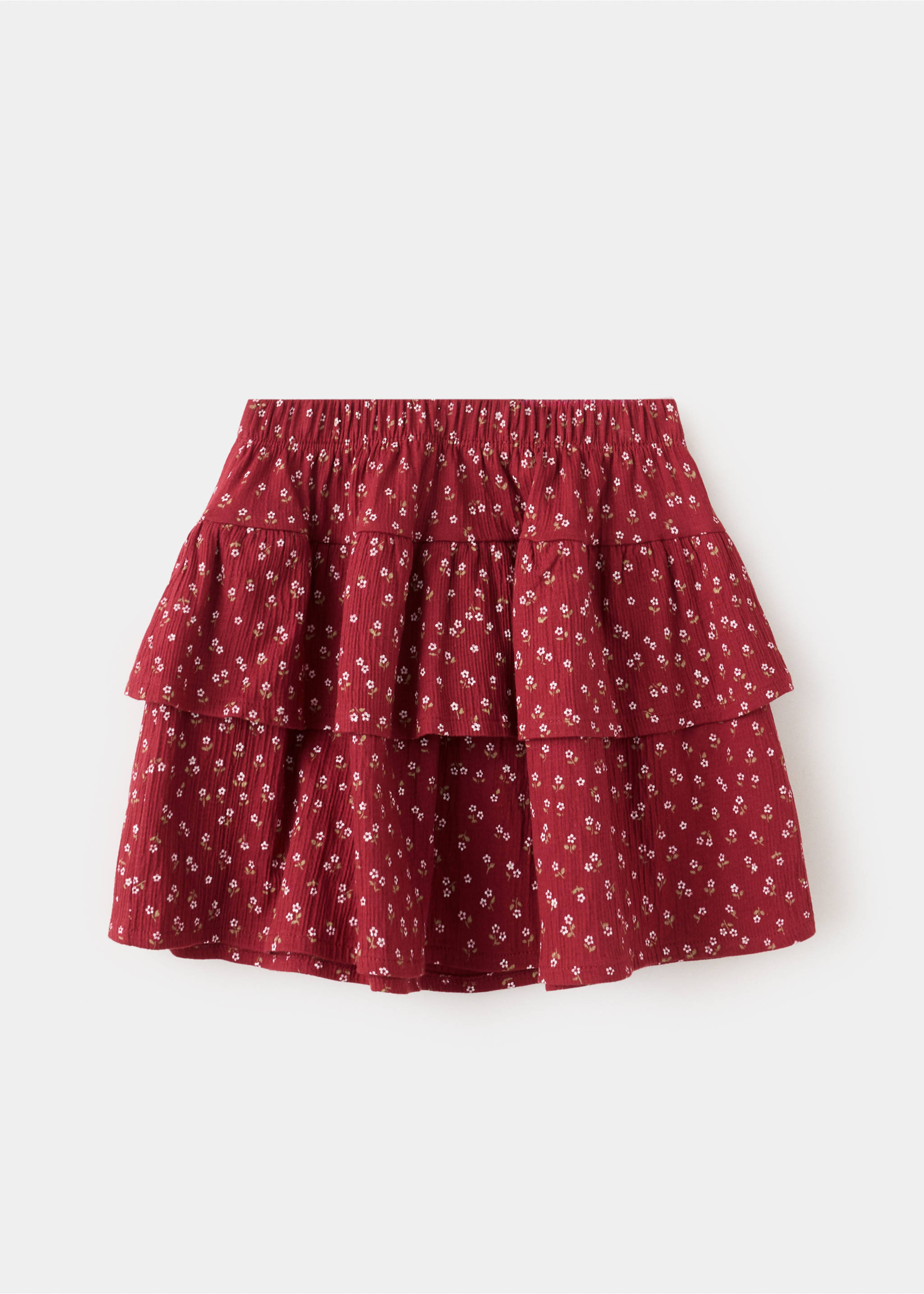 Dark red floral children's skirt with elasticated waistband and ruffles, back view., Cherry. Ref: 37086002-00.