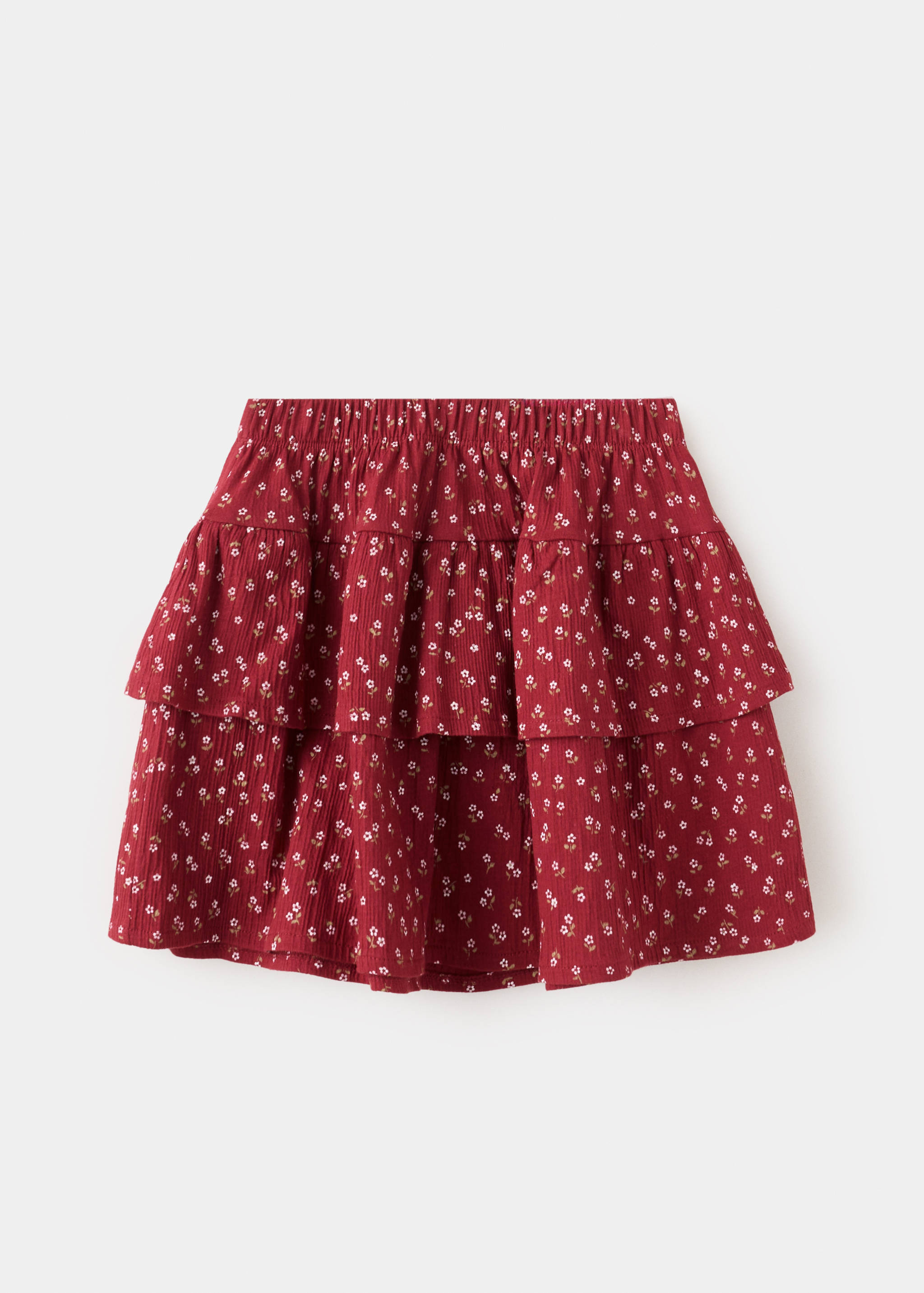 Dark red floral children's skirt with elasticated waistband and ruffles, back view.