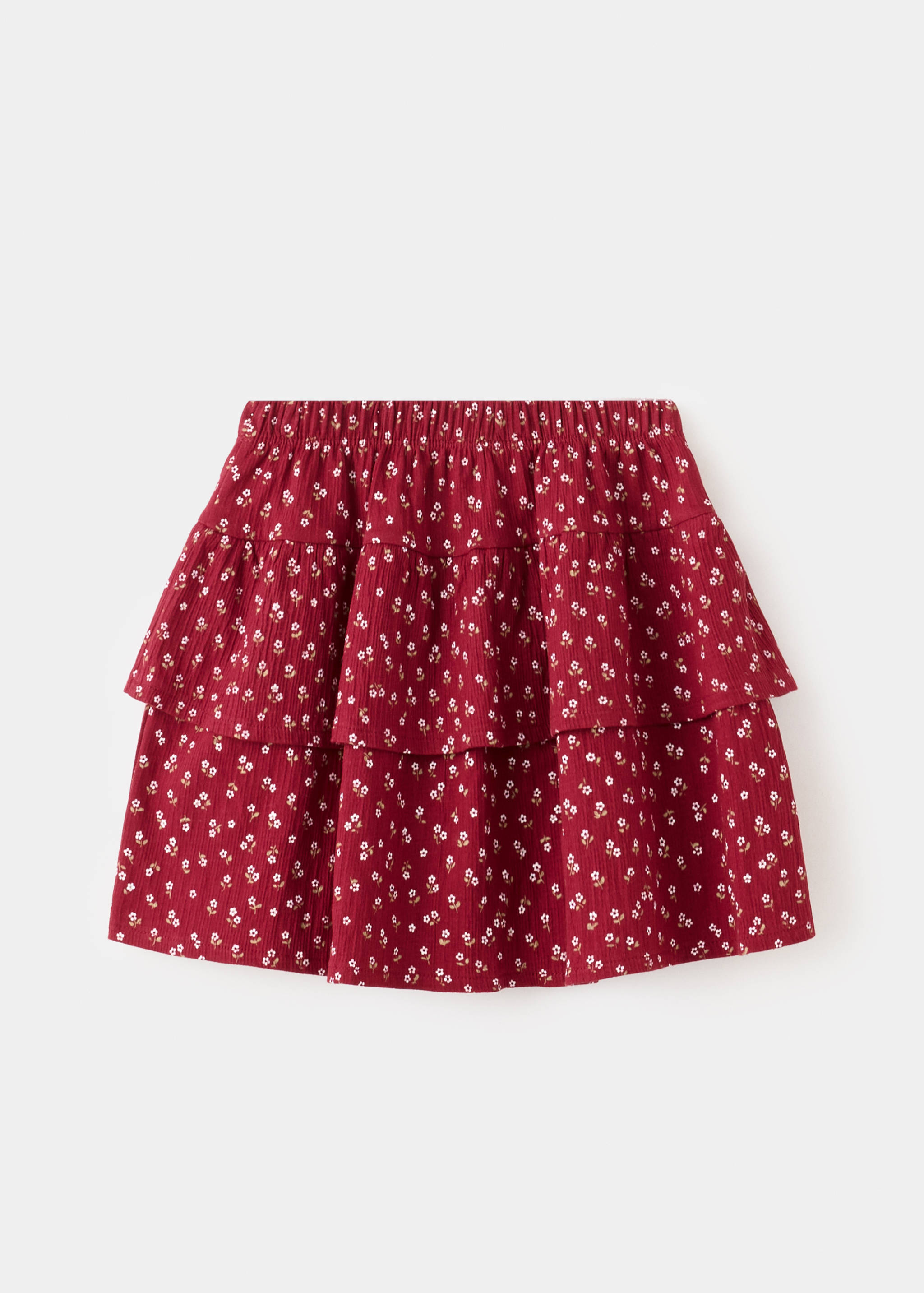 Red floral tiered skirt with an elasticated waist.
