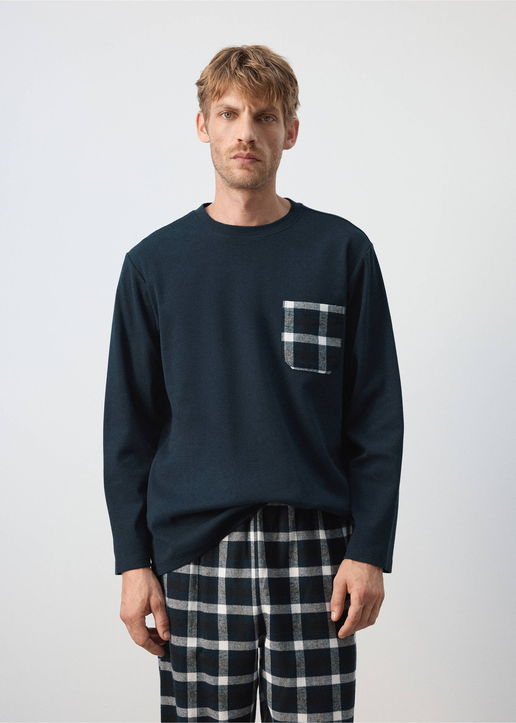 Check cotton pyjama pack - Medium plane, Navy. Ref: 37086325-00.