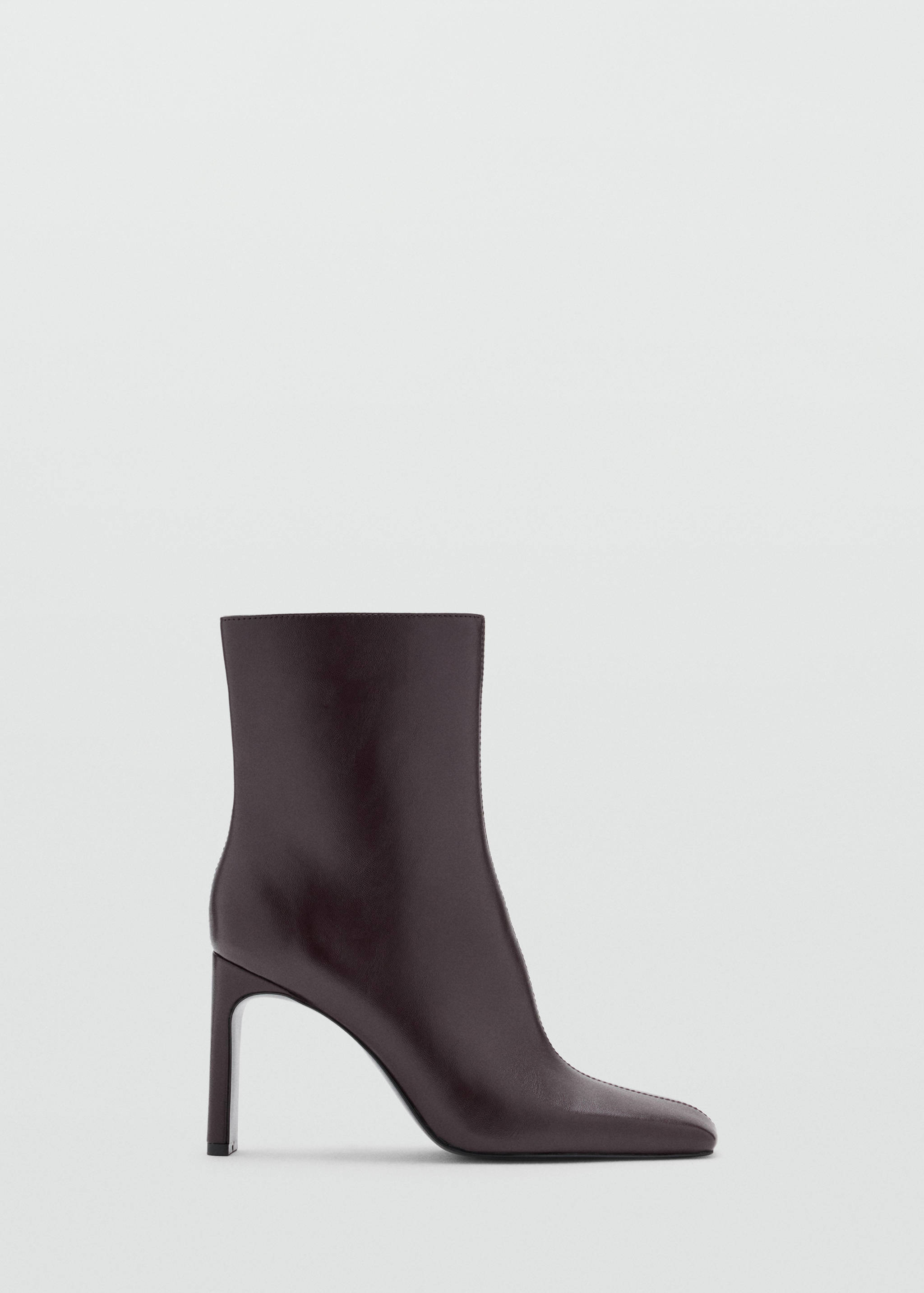 Burgundy leather ankle boot with a square toe and high heel.