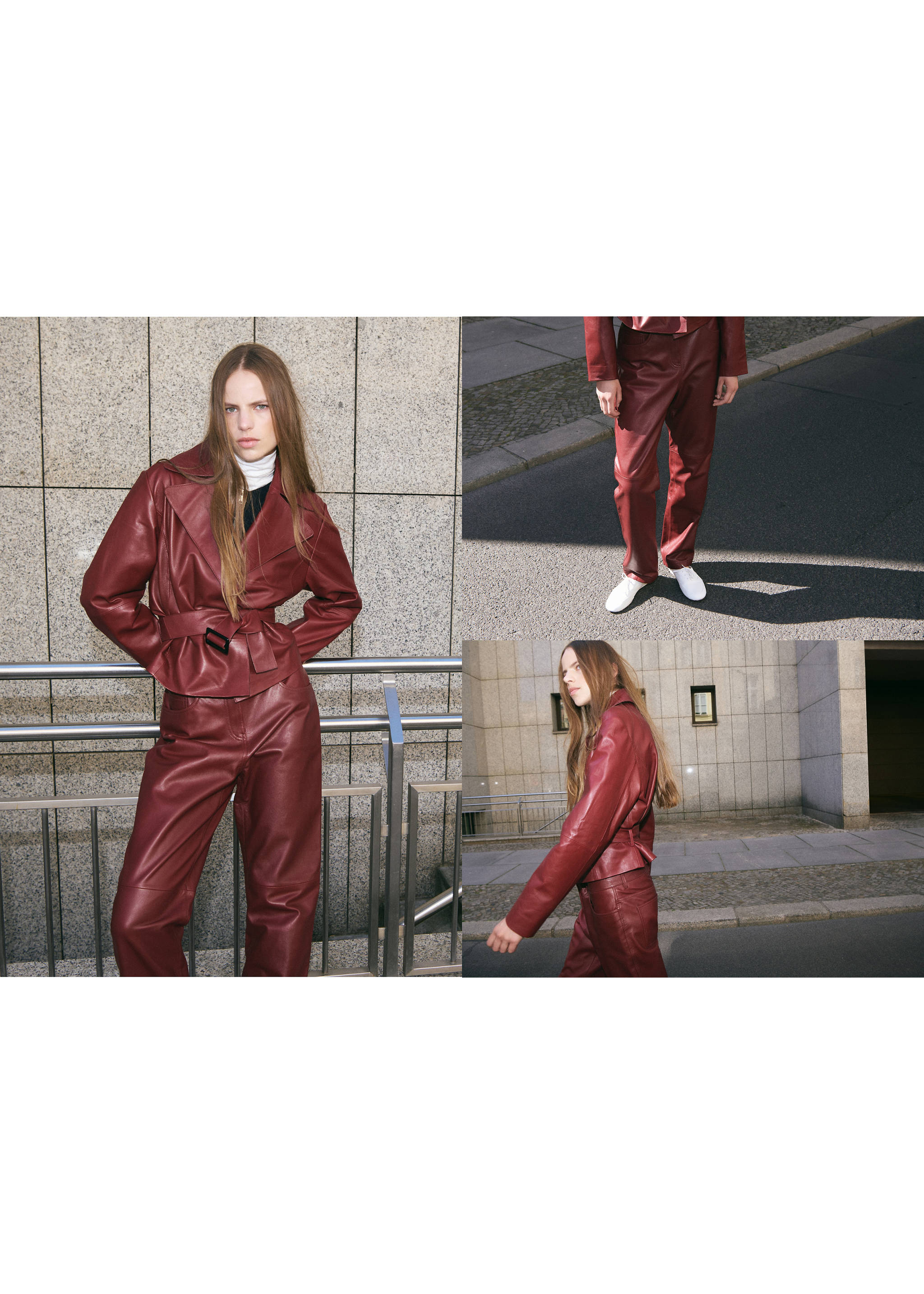 Straight-fit leather trousers - Details of the article 1, Wine. Ref: 37086347-02.