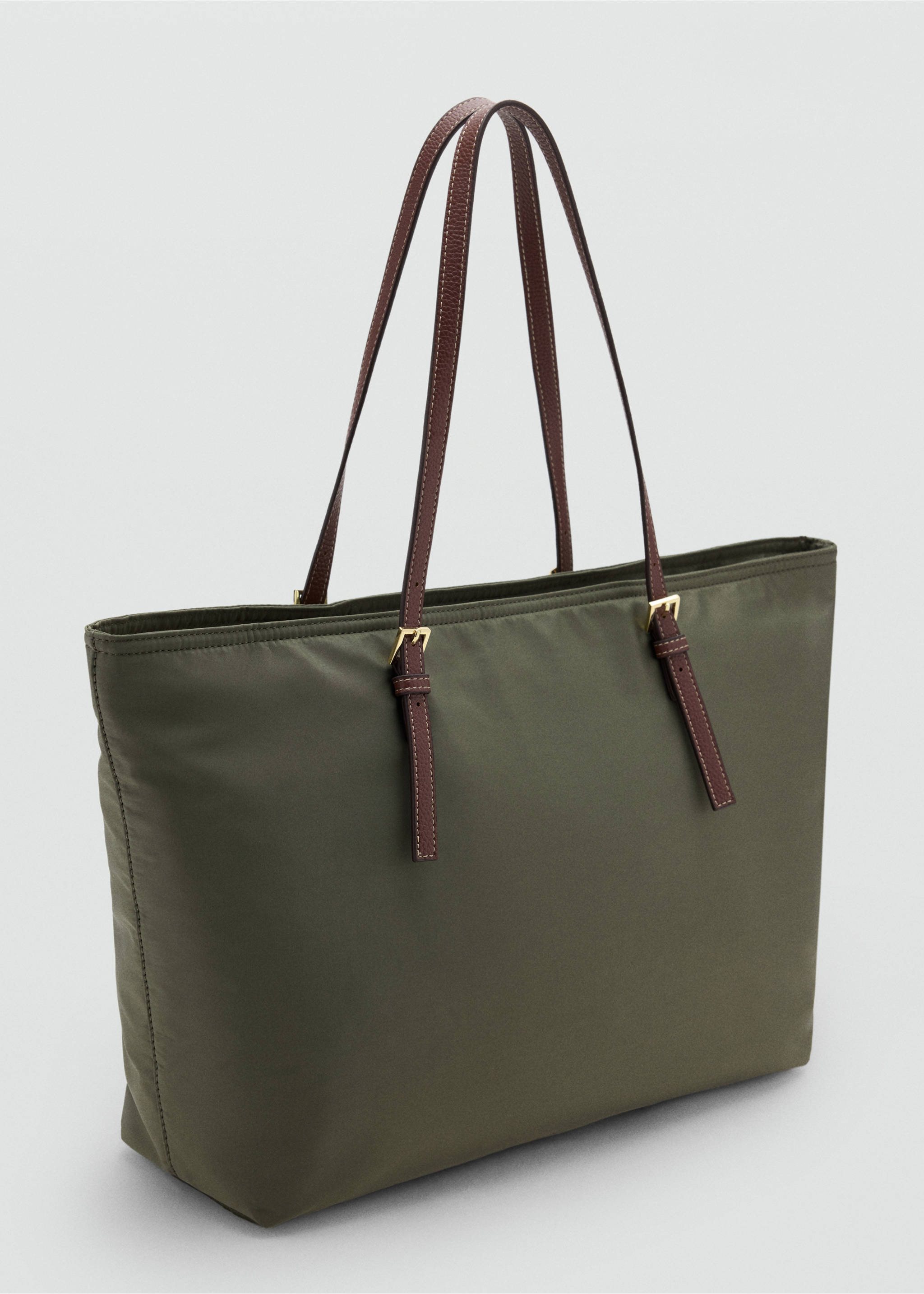 Tote bag with contrast leather-effect handles - Medium plane, Khaki. Ref: 37086355-00.