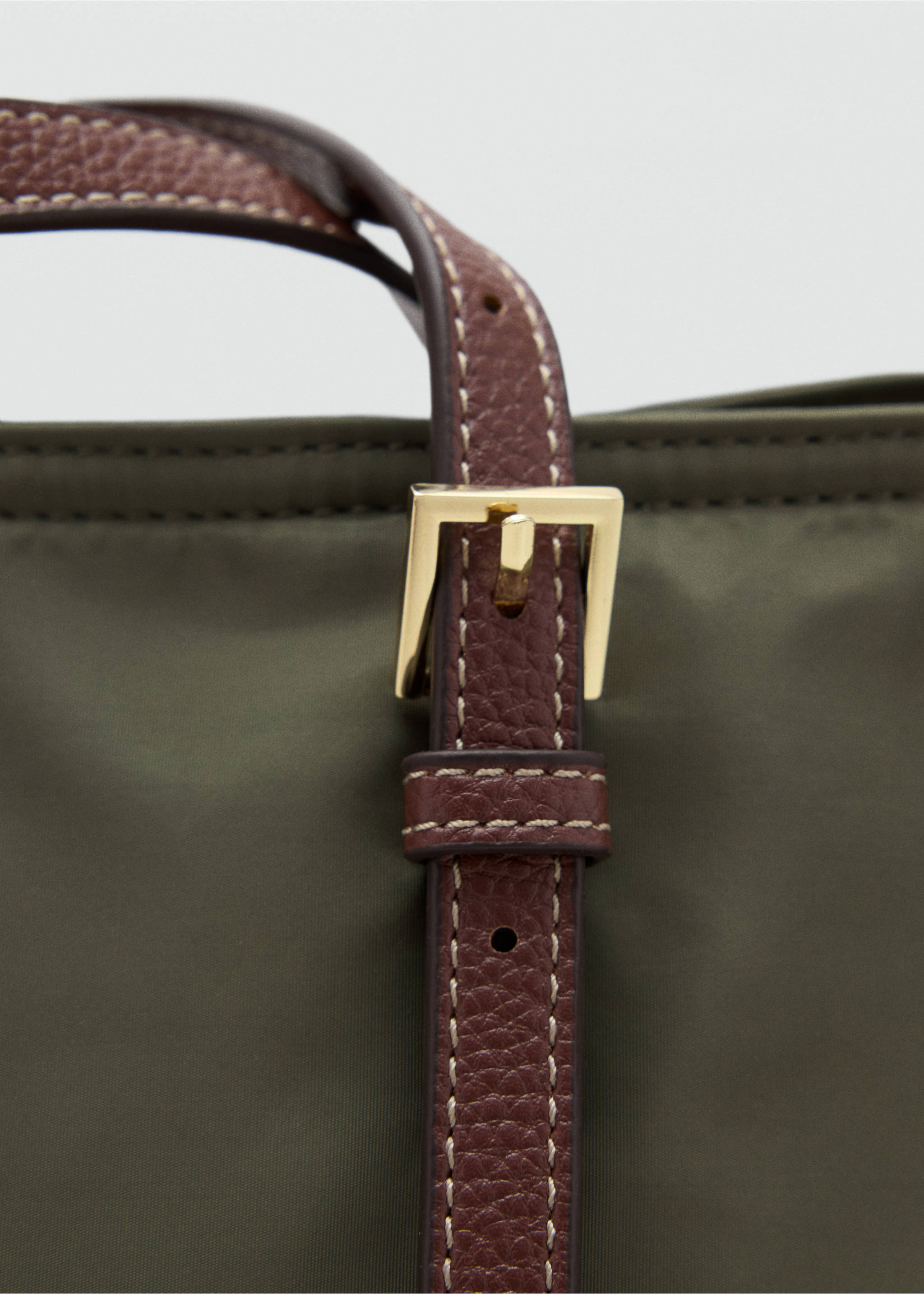 Tote bag with contrast leather-effect handles - Details of the article 1, Khaki. Ref: 37086355-00.