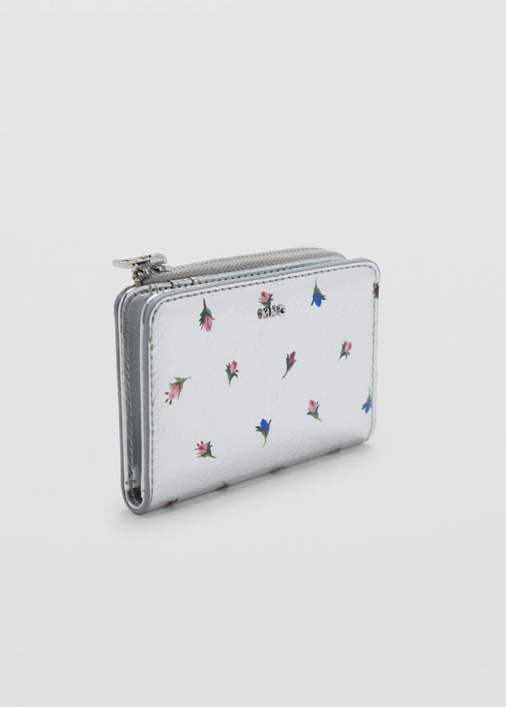 Floral print metallic coin purse — Silver