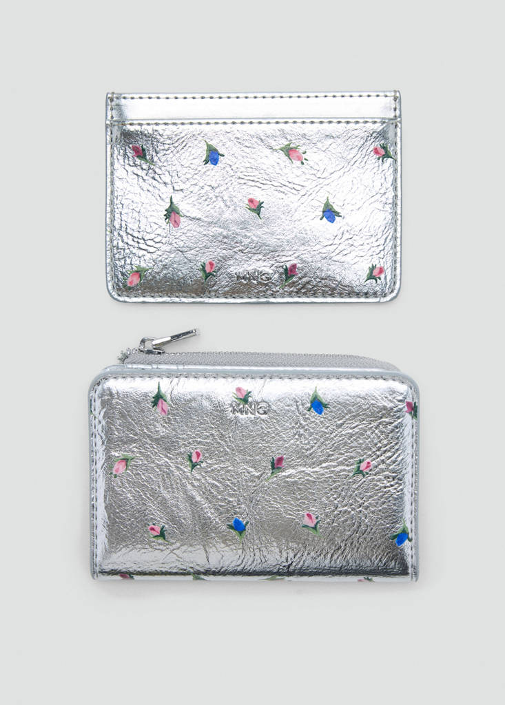 Floral print metallic coin purse — Silver