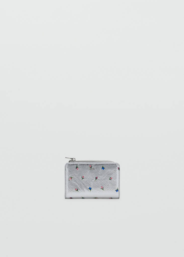 Floral print metallic coin purse — Silver