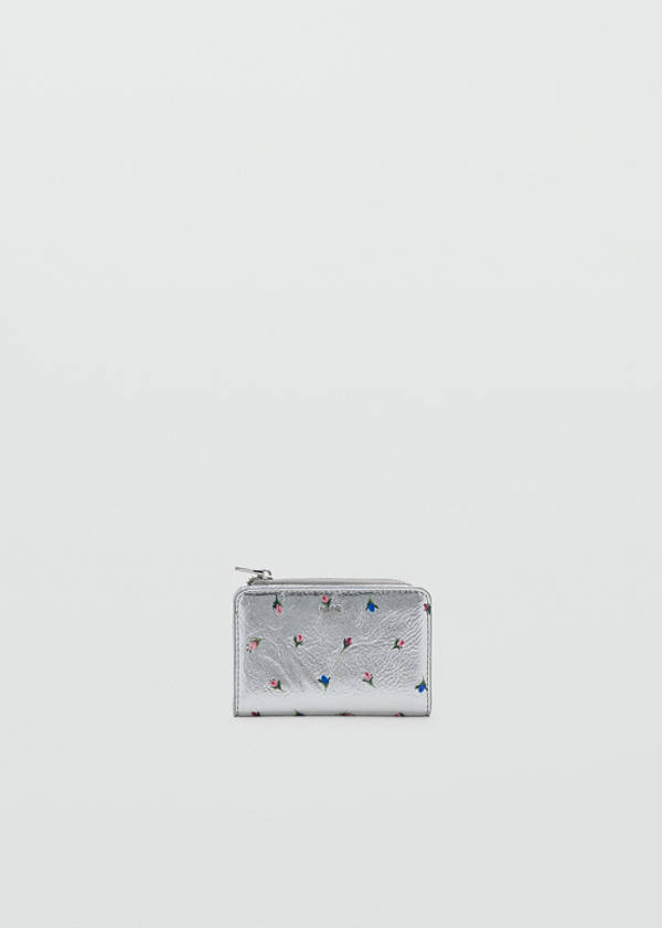 Floral print metallic coin purse — Silver