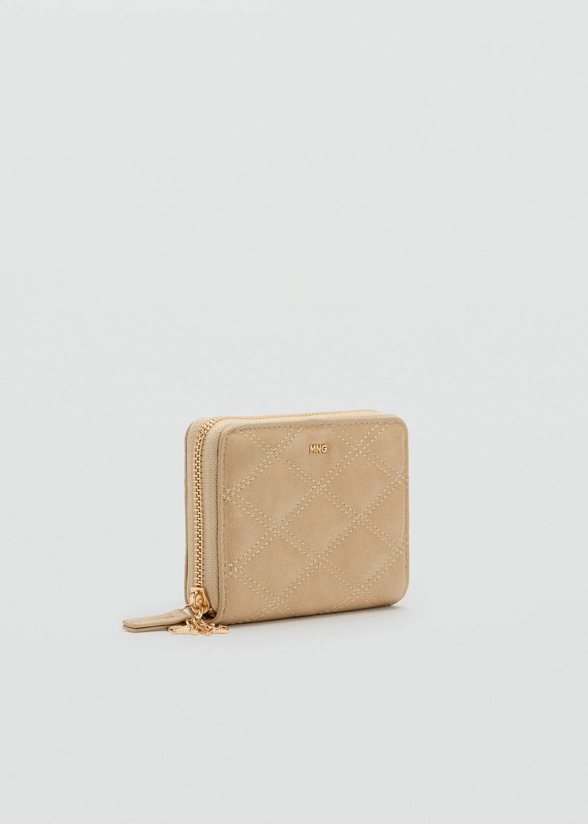 Faux leather wallet with geometric topstitching — Beige