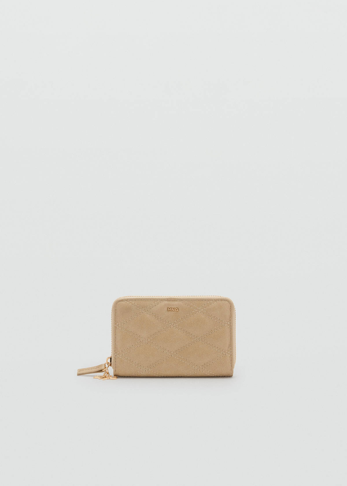 Faux leather wallet with geometric topstitching — Beige