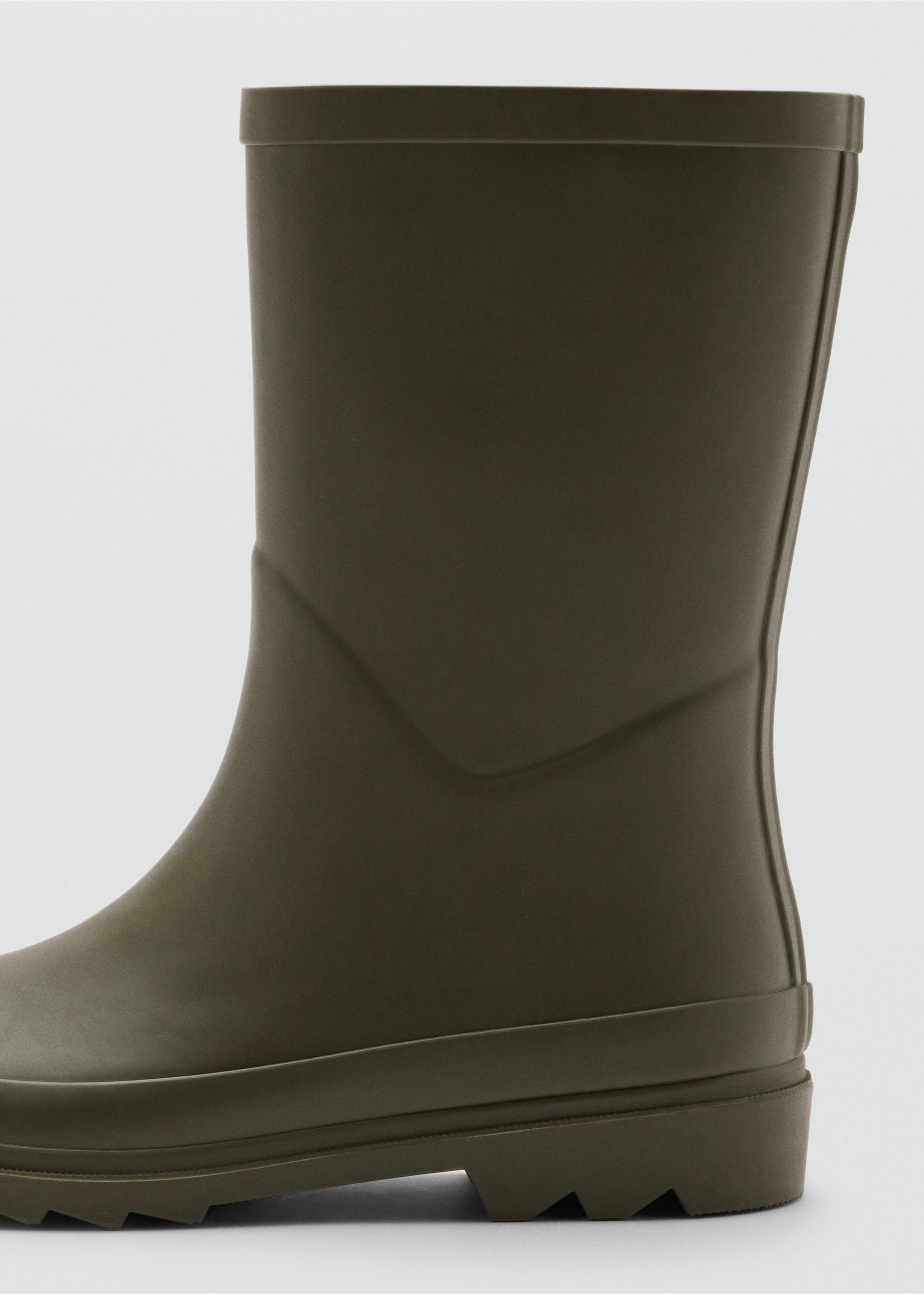 Close-up of a dark khaki green mid-calf rain boot with a matte finish., Khaki. Ref: 37086367-00.
