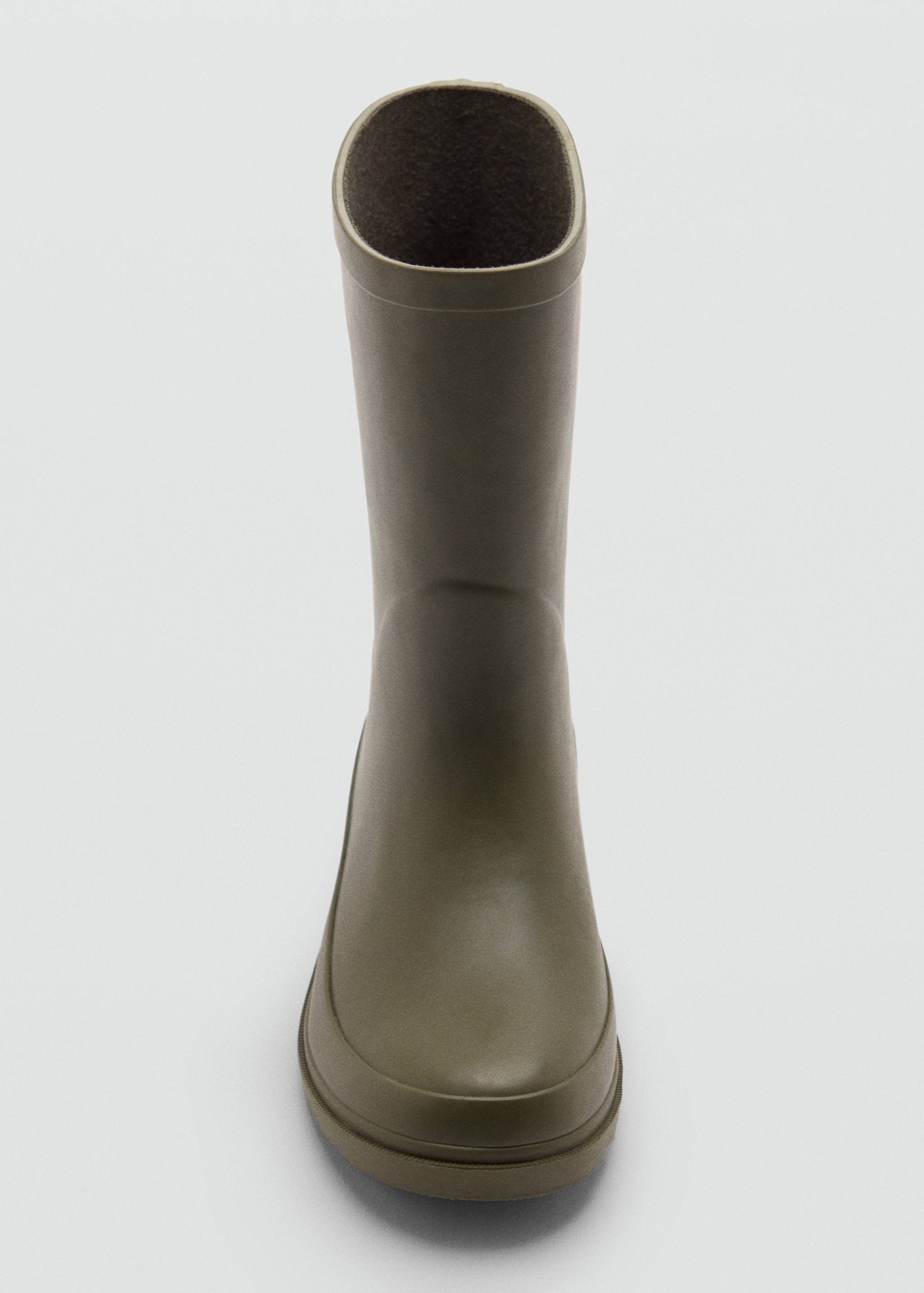 Olive green rain boot shown in close-up.