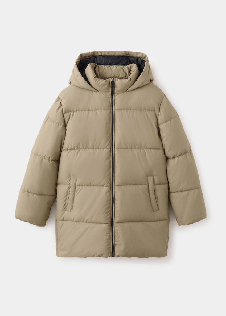 Long padded anorak with hood — Sand