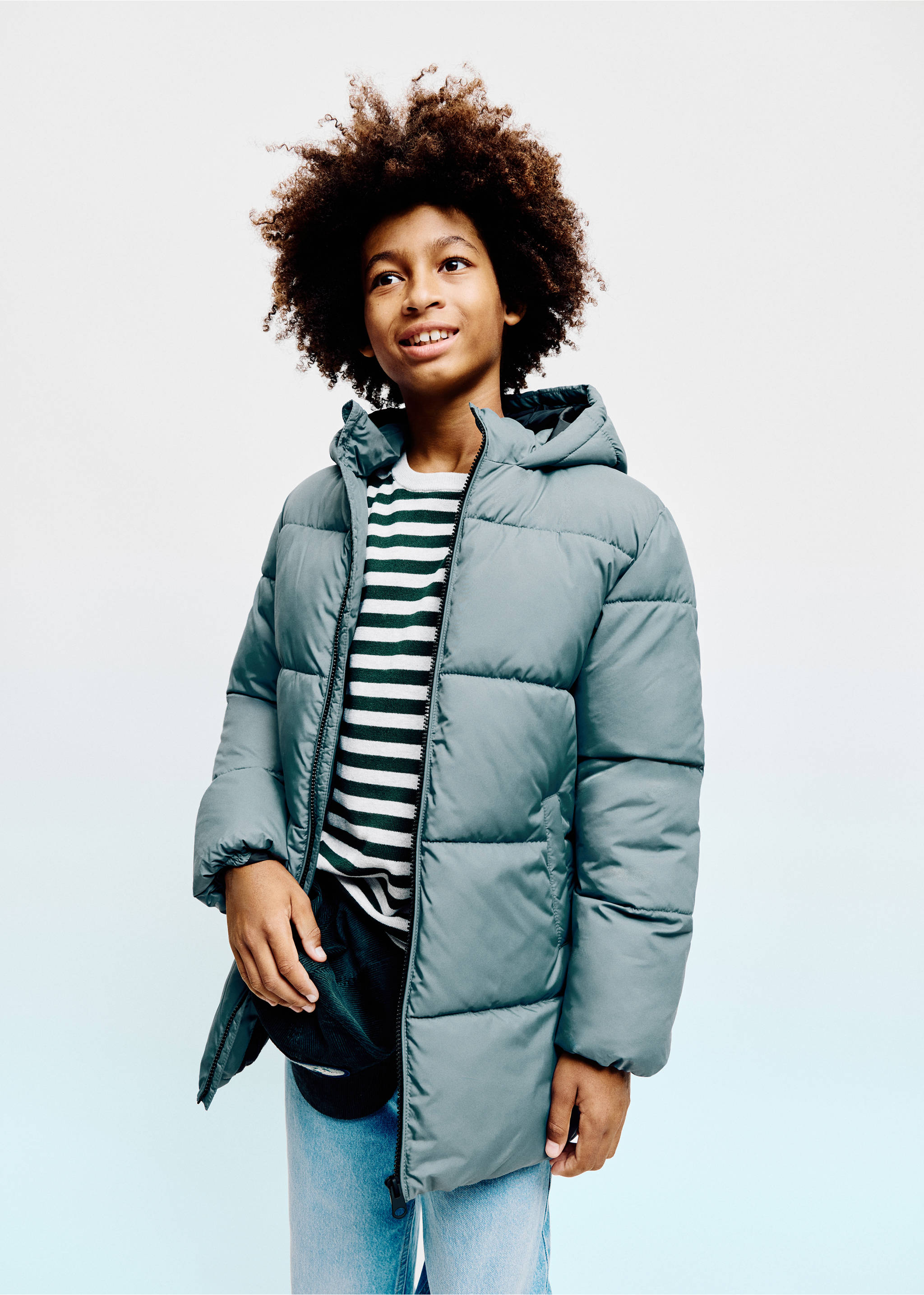 Long padded anorak with hood - General plane, Petrol Blue. Ref: 37086720-00.