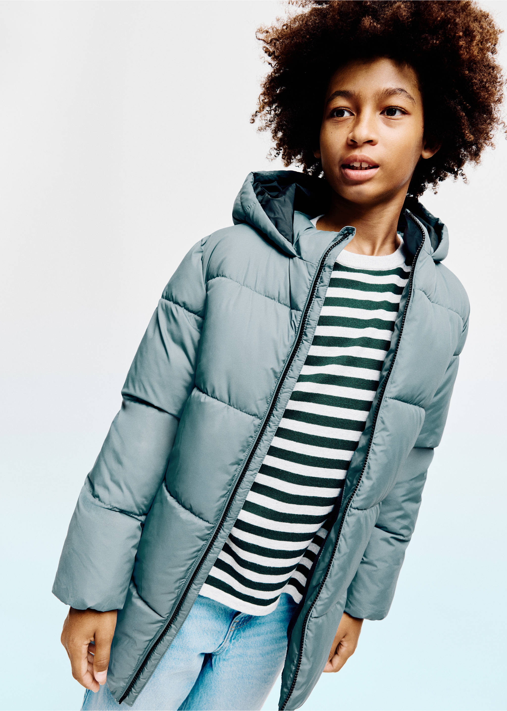 Long padded anorak with hood - Medium plane, Petrol Blue. Ref: 37086720-00.