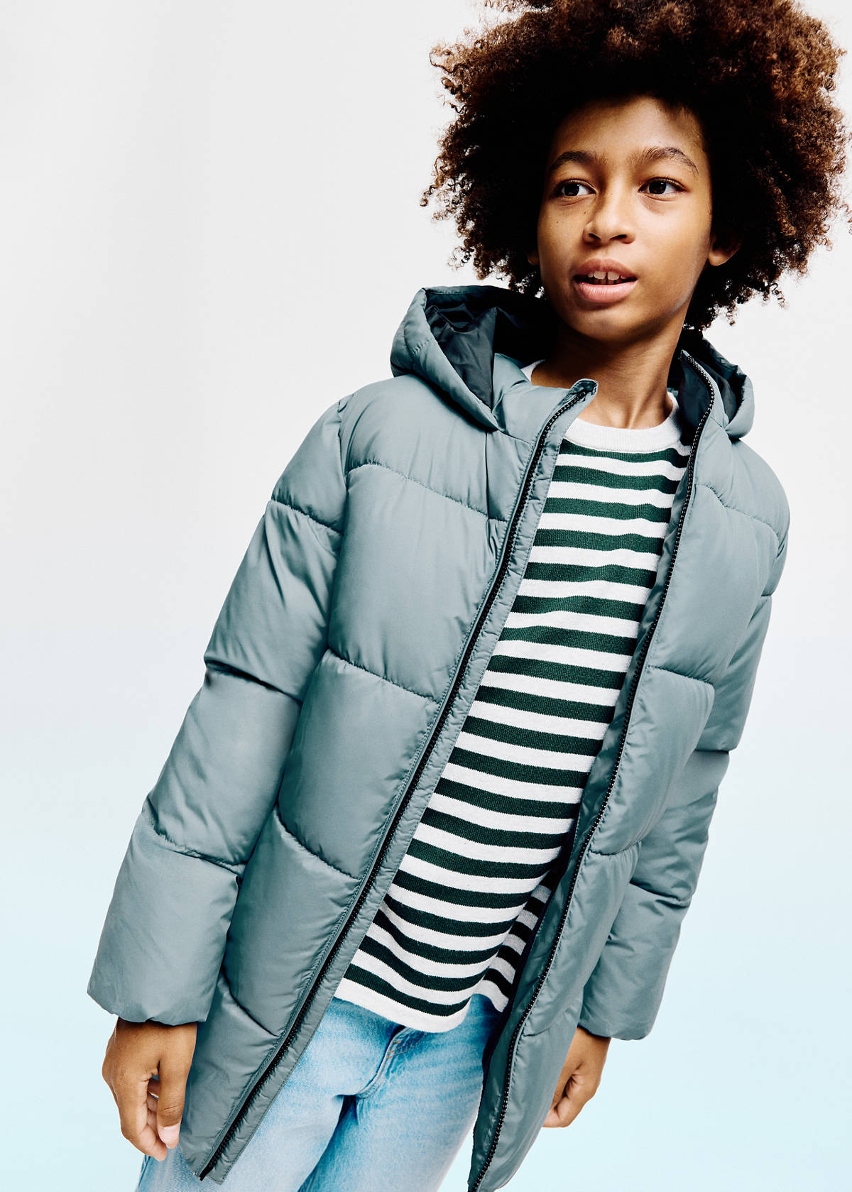 Long padded anorak with hood — Petrol Blue