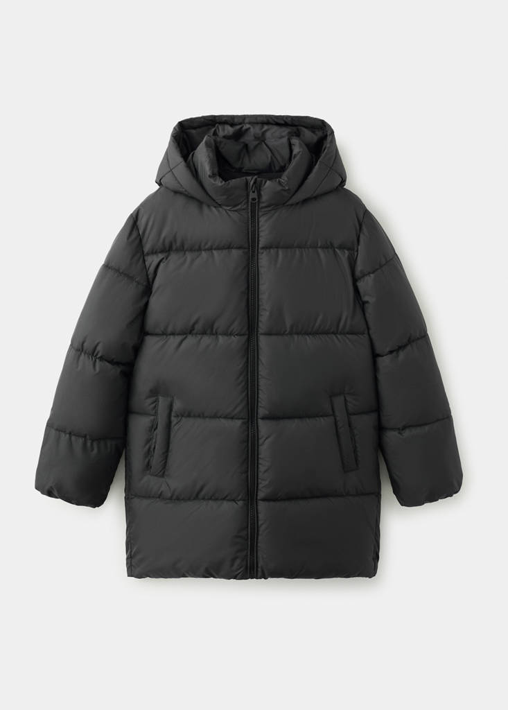 Long padded anorak with hood — Black