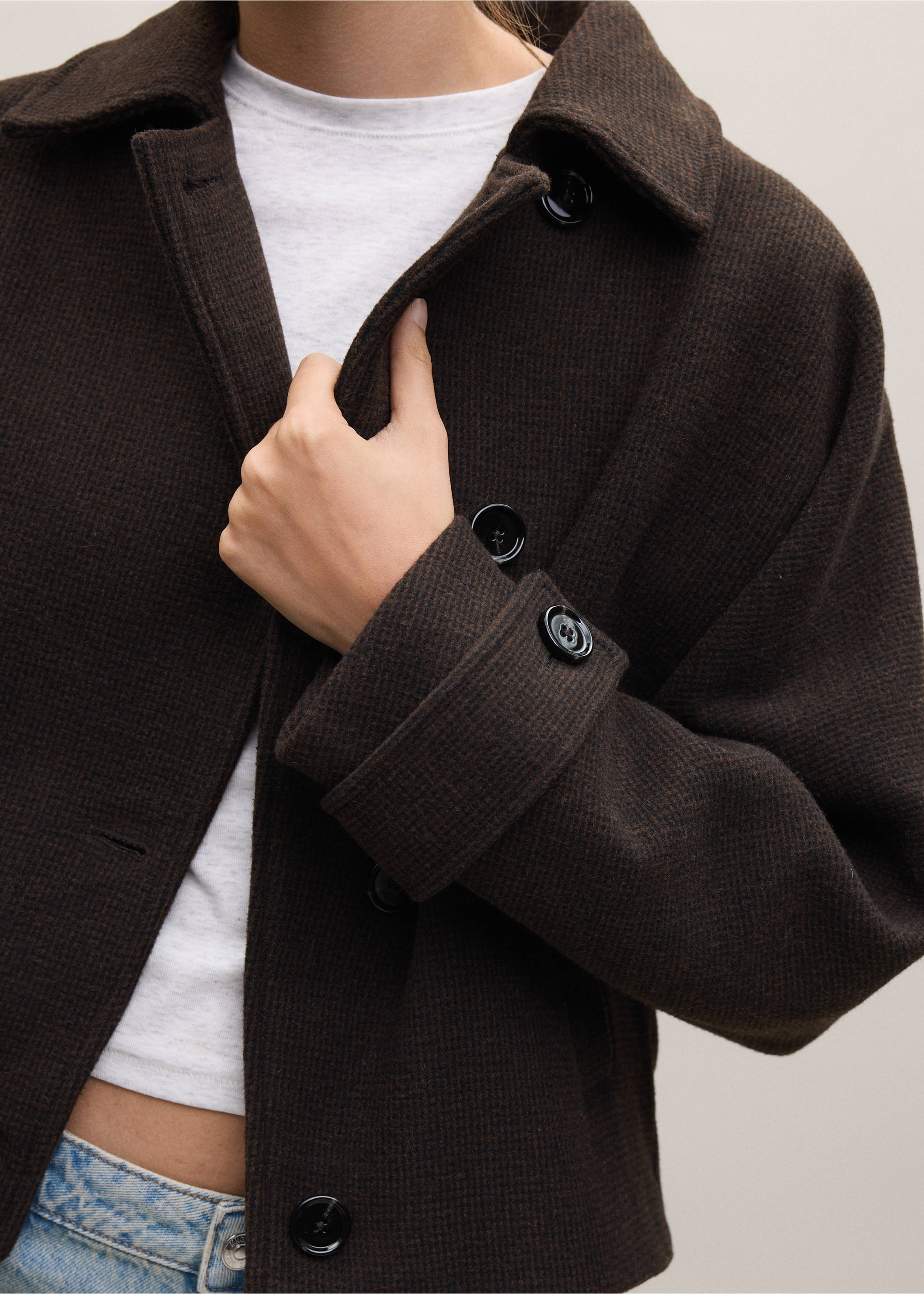 Wool double-breasted coat - Details of the article 3, Chocolate. Ref: 37086721-00.