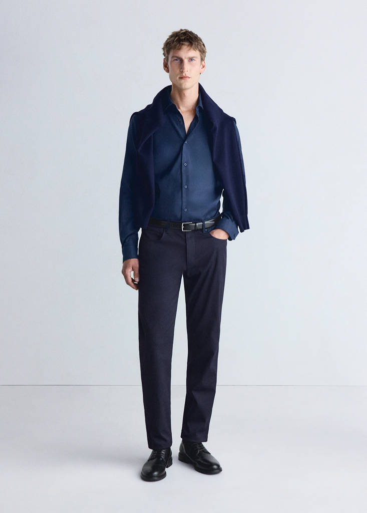 Slim fit comfort stretch non-iron cotton shirt — Ink Blue