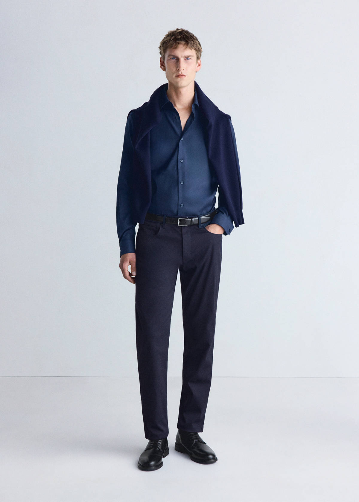 Slim fit comfort stretch non-iron cotton shirt — Ink Blue