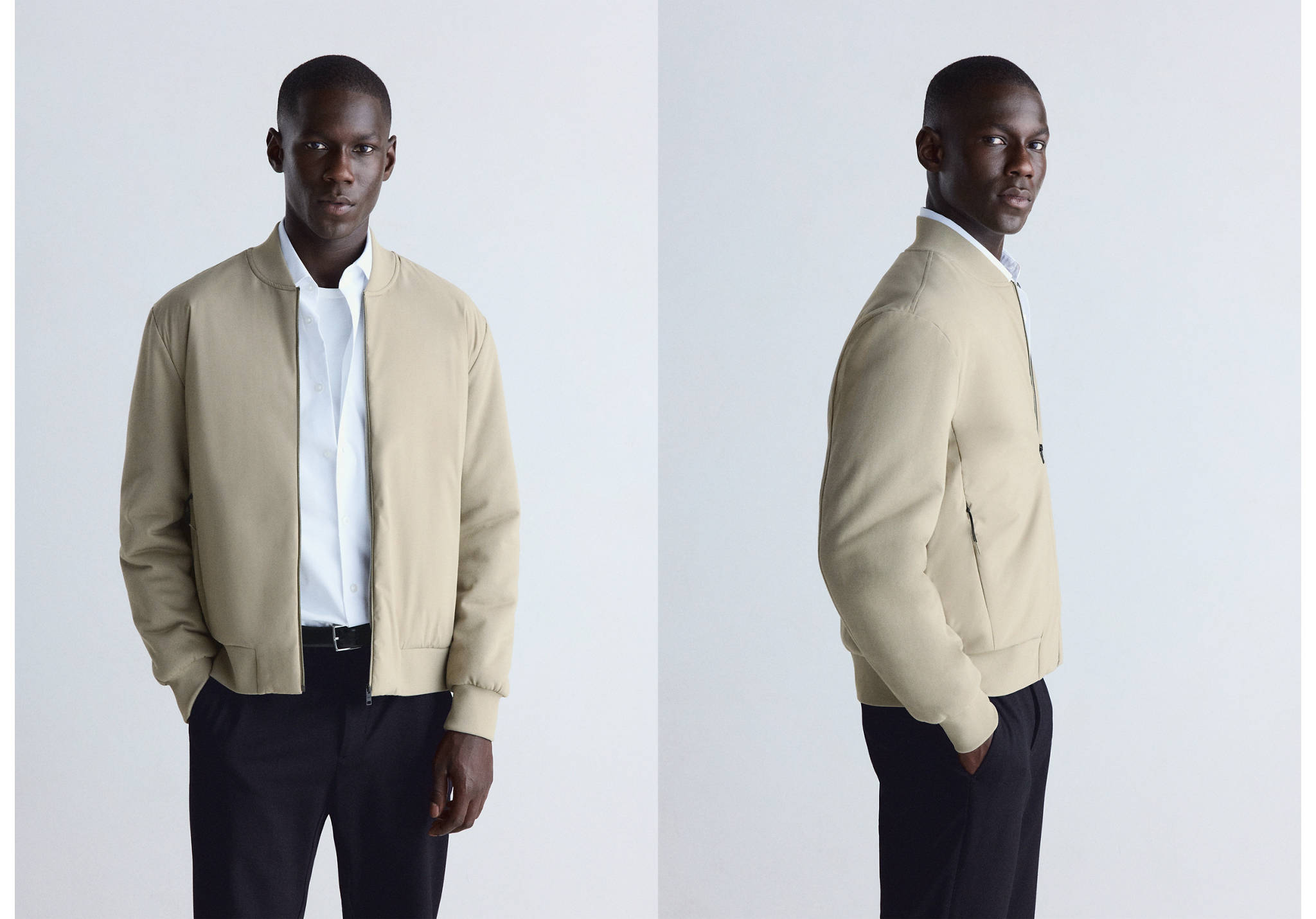 Beige zip-up sweatshirt styled as a bomber jacket, shown in front and side views.