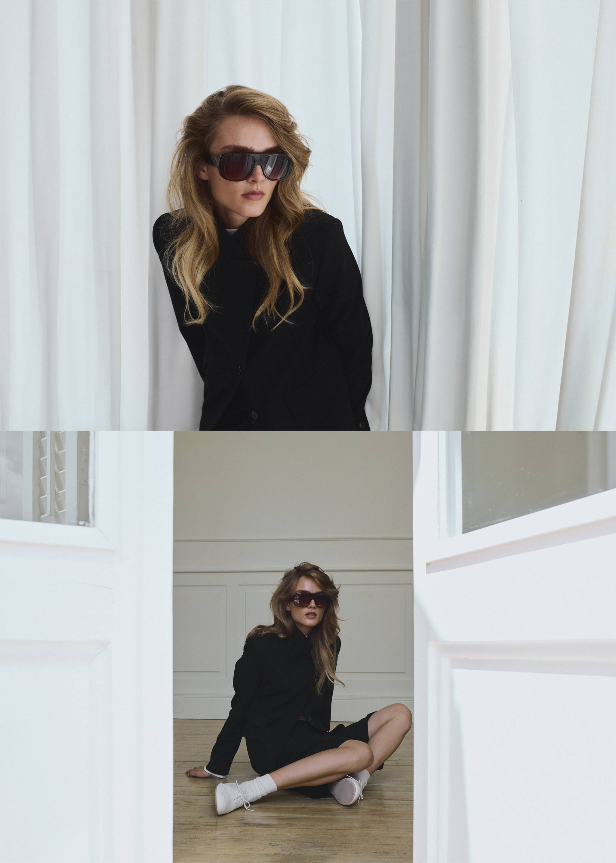 Black blazer worn by a model in a two-part image against white curtains and in a room., Black. Ref: 37086733-02.