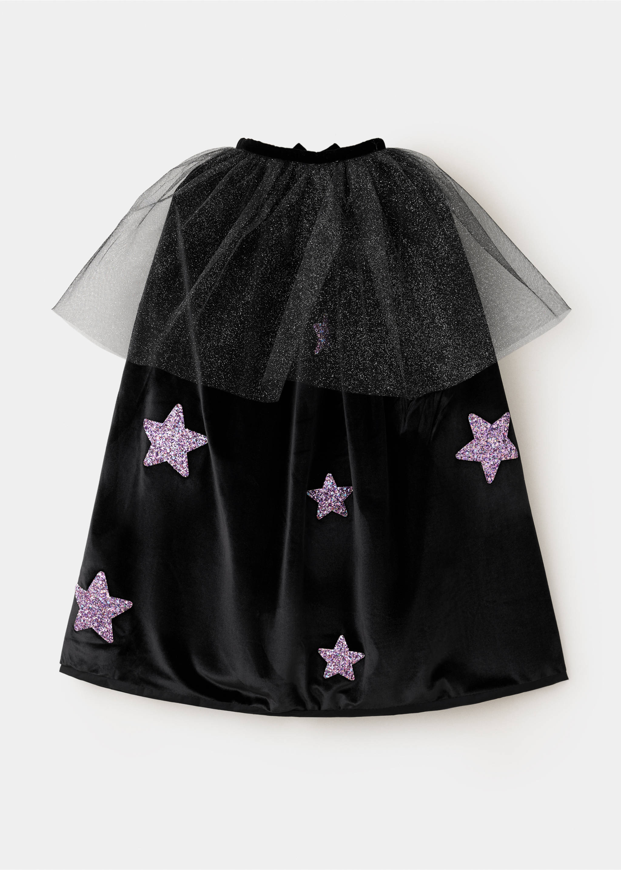 Capa negra de terciopelo con estrellas de purpurina y capa superior de tul transparente, vista posterior., Negro. Ref: 37087121-00.