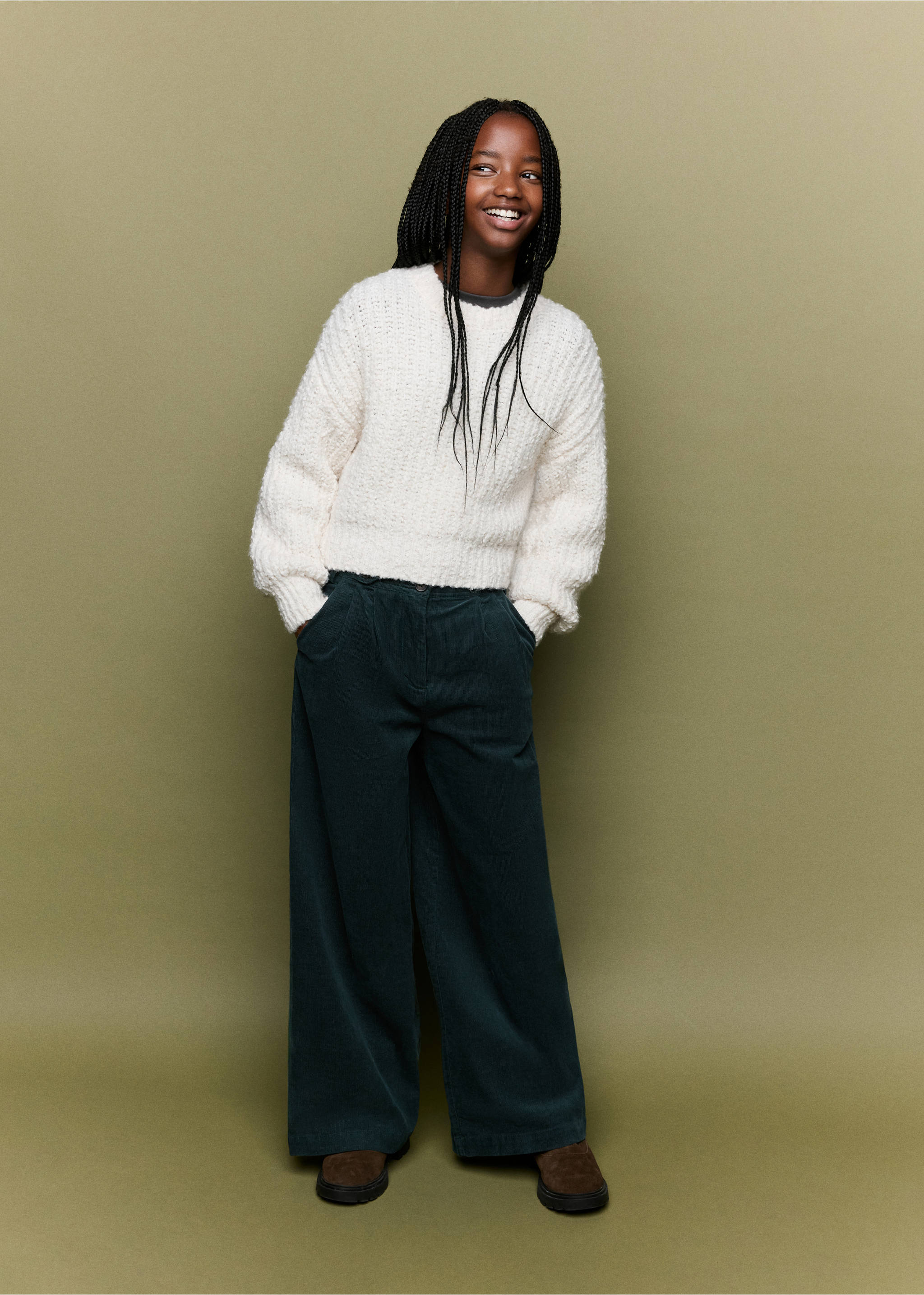 Dark green wide-leg corduroy trousers worn with a white textured sweater., Dark Green. Ref: 37087130-00.