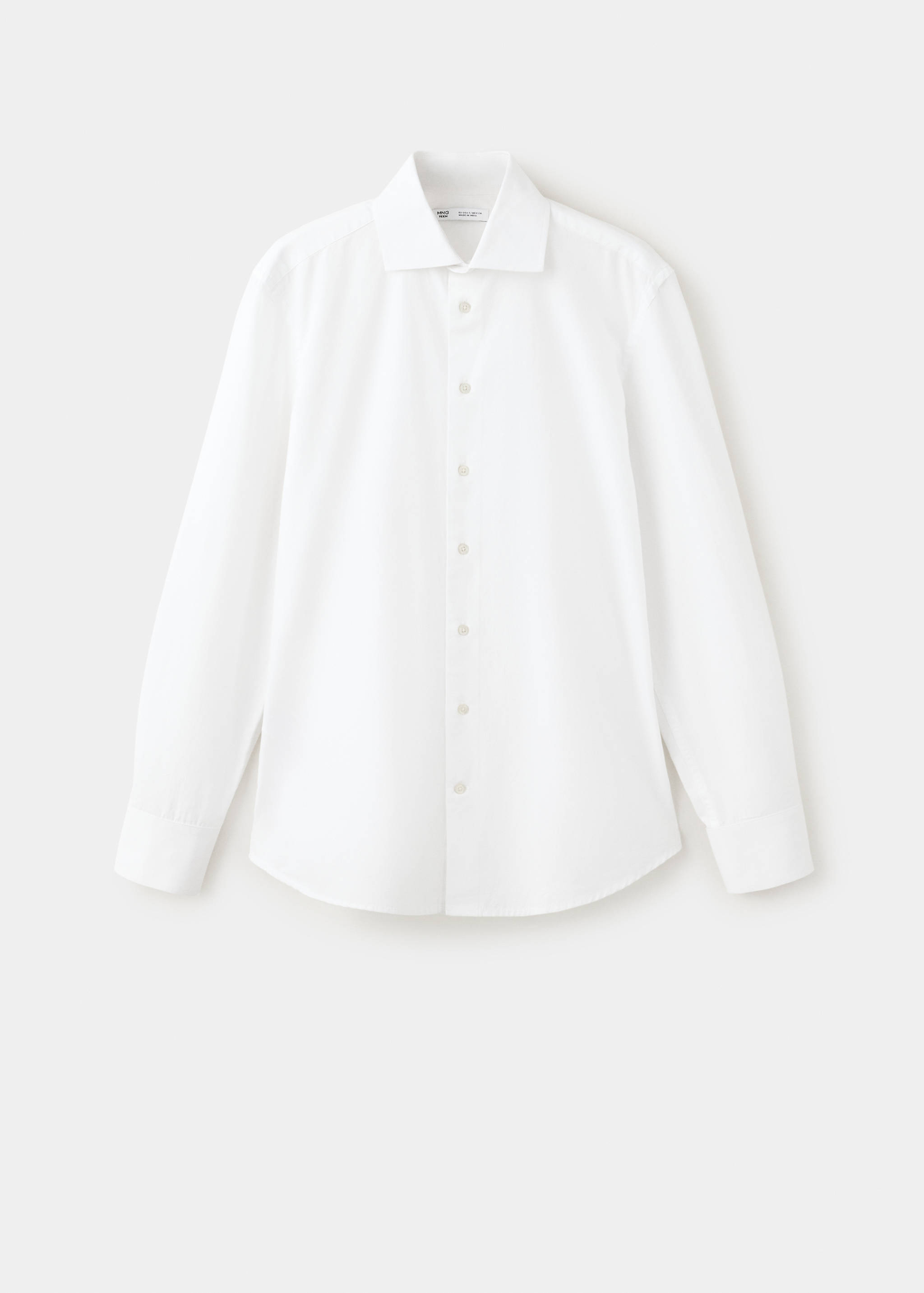 White long-sleeved button-up shirt with a classic collar.
