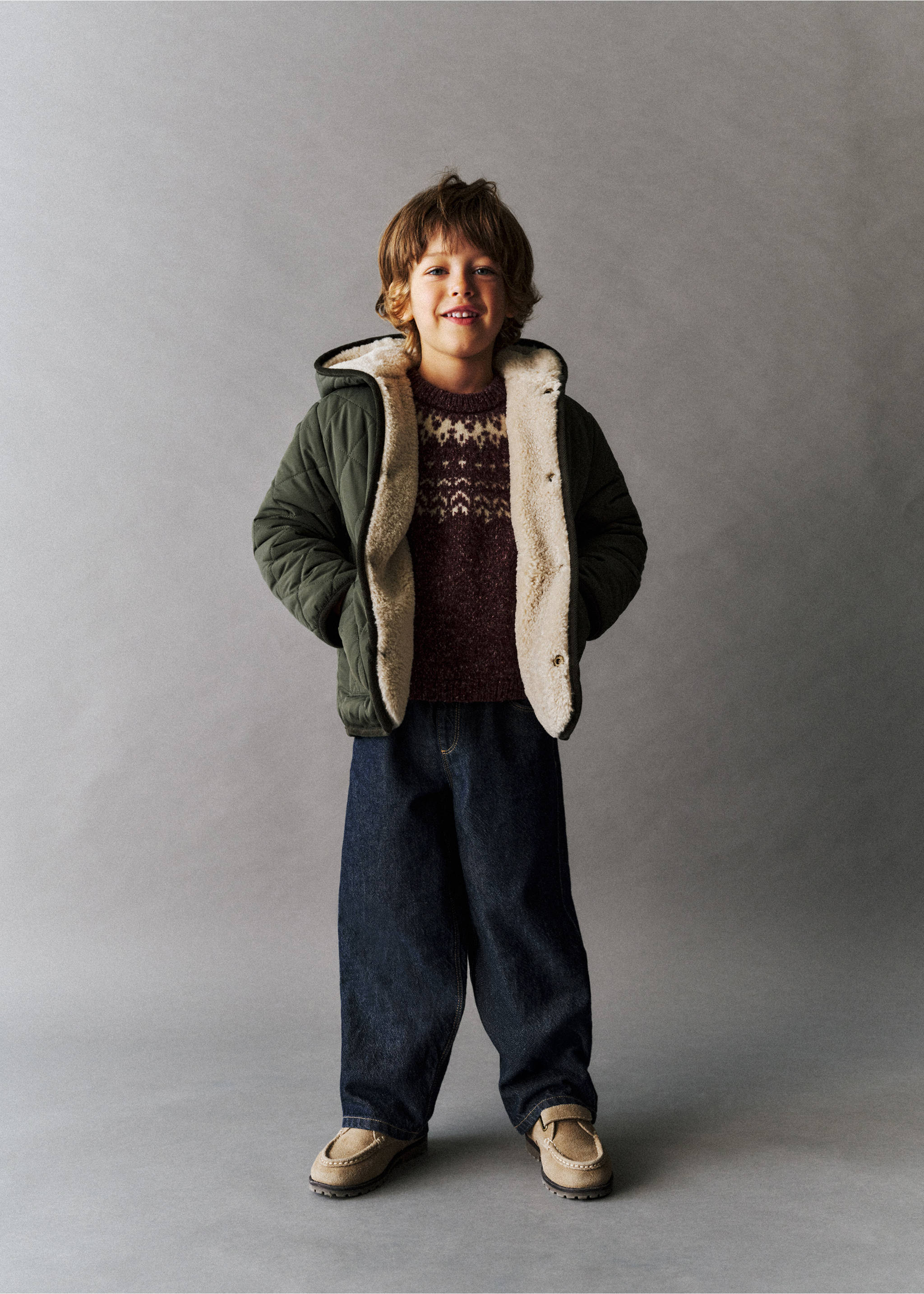 Dark green quilted anorak with a hood and cream faux-shearling lining., Khaki. Ref: 37087769-00.