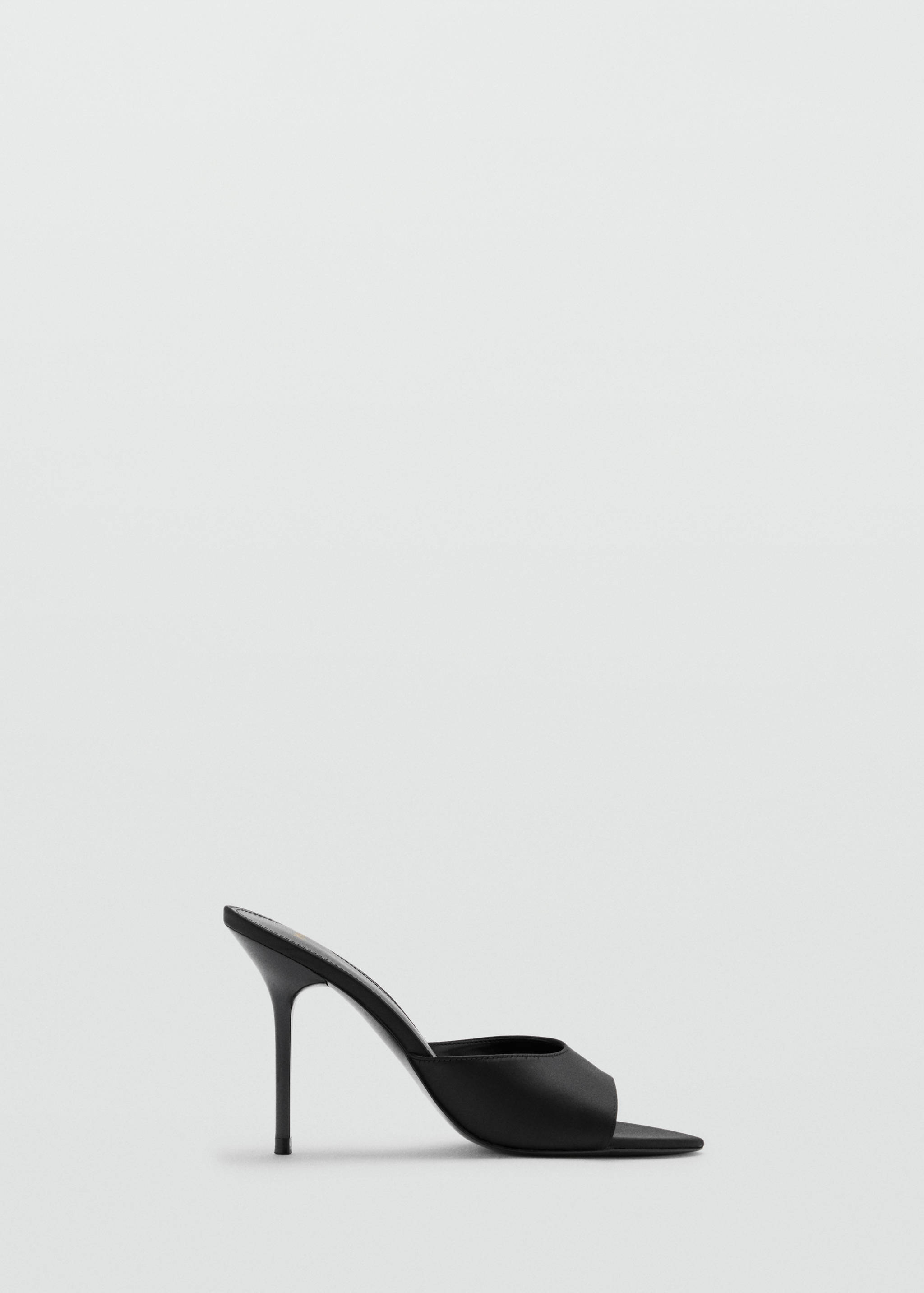Black satin heeled sandal with a slim stiletto heel and open toe.