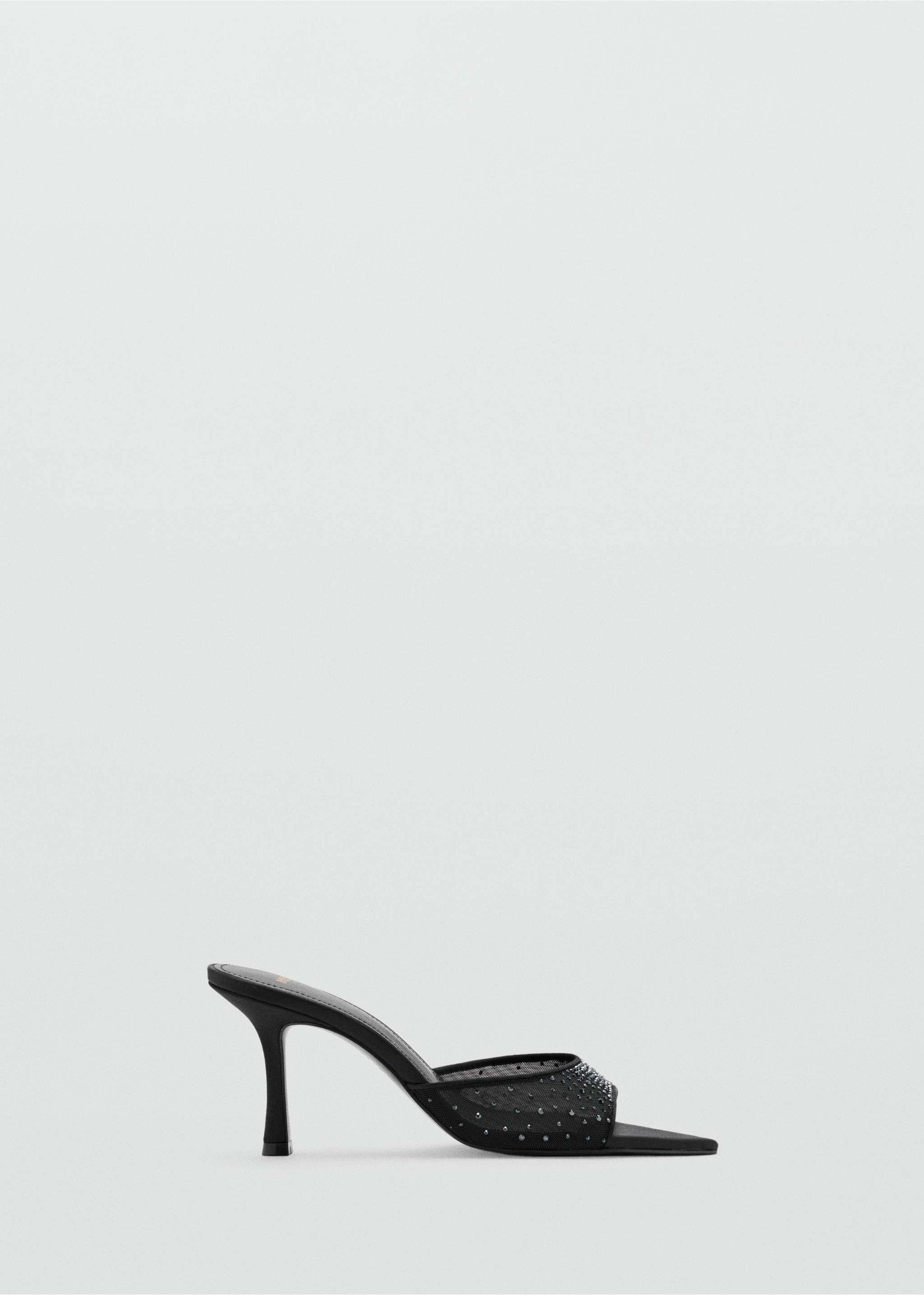 Black heeled sandal with pointed toe and rhinestone-embellished mesh strap., Black. Ref: 37087785-00.