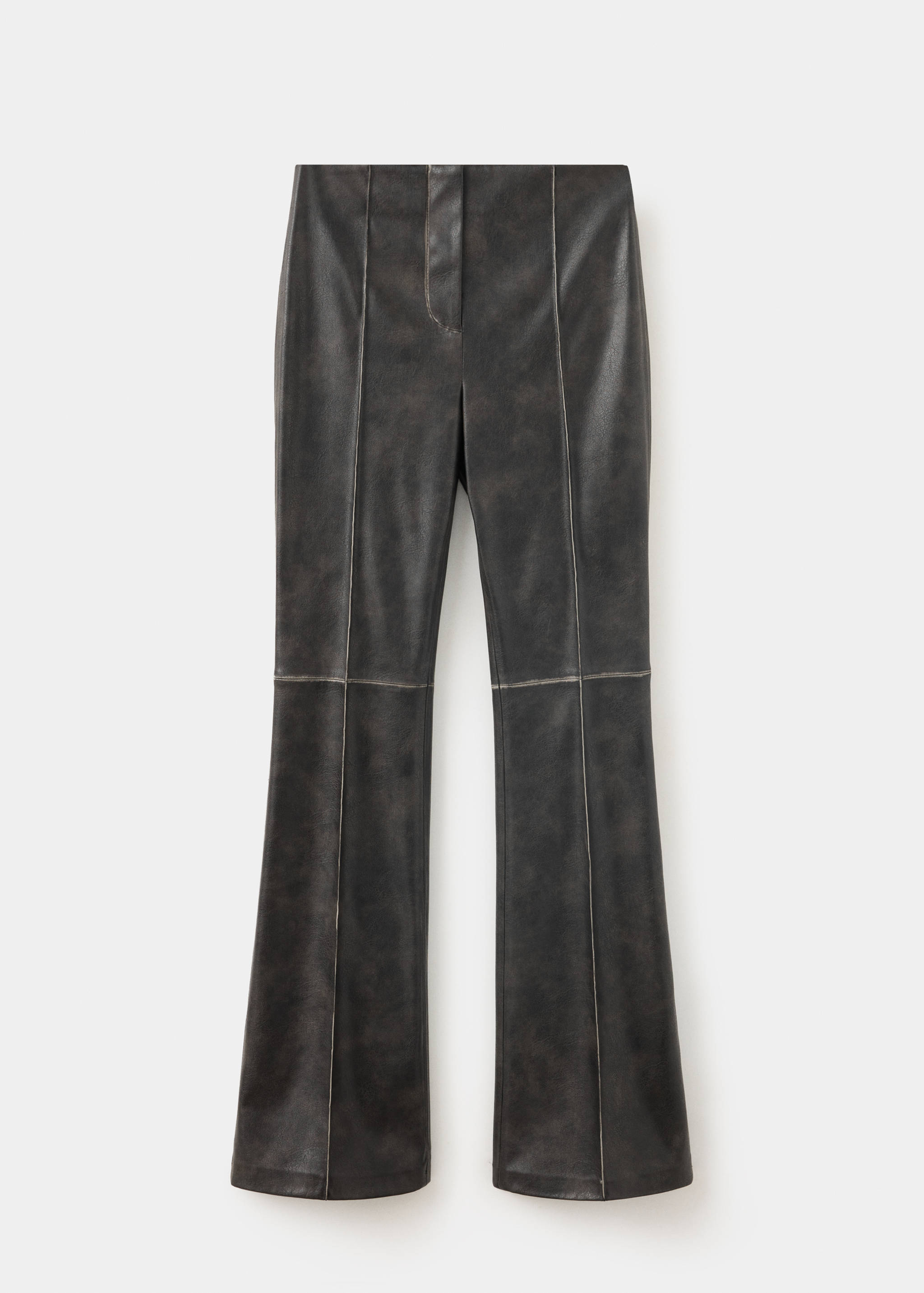Dark grey faux-leather trousers with panelled seam details.