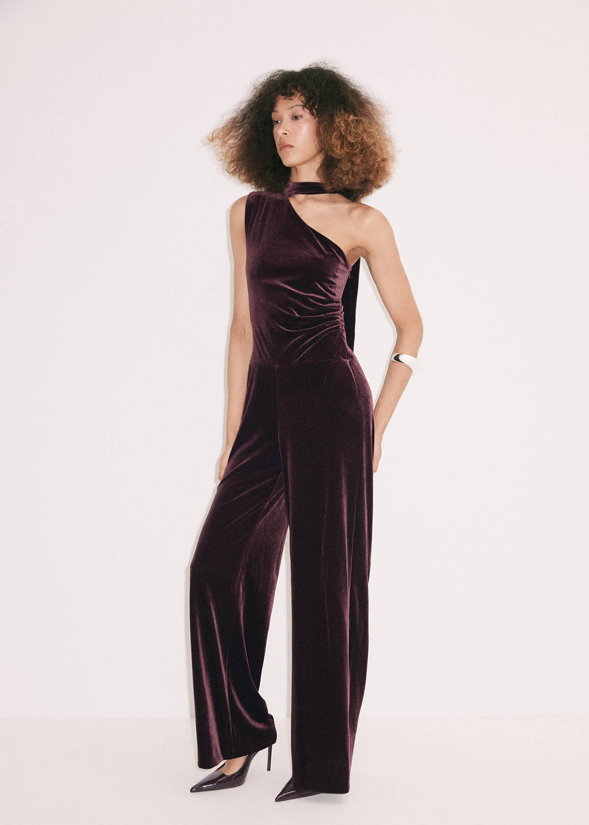 Velvet scarf-collar jumpsuit — Burgundy