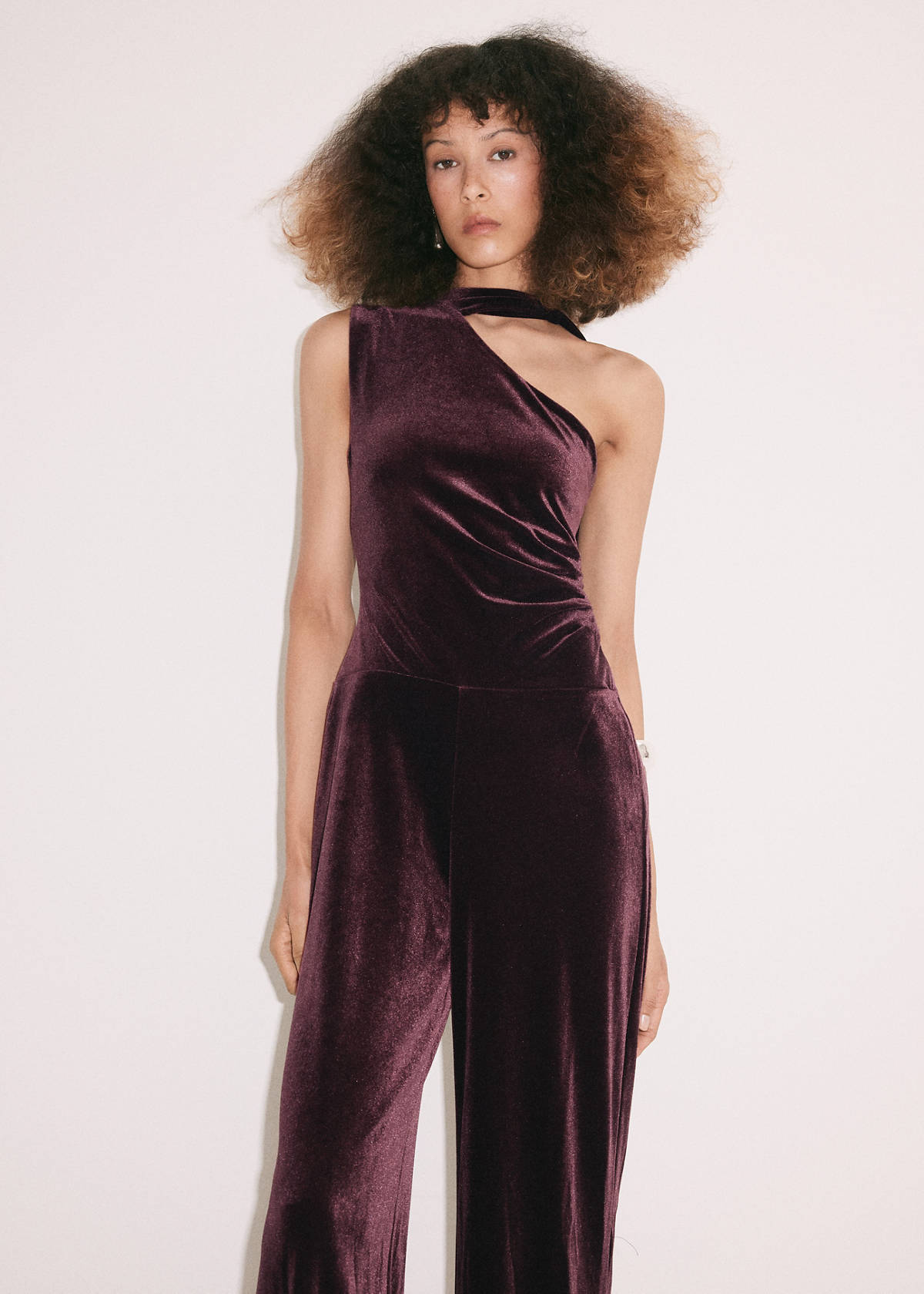 Velvet scarf-collar jumpsuit — Burgundy