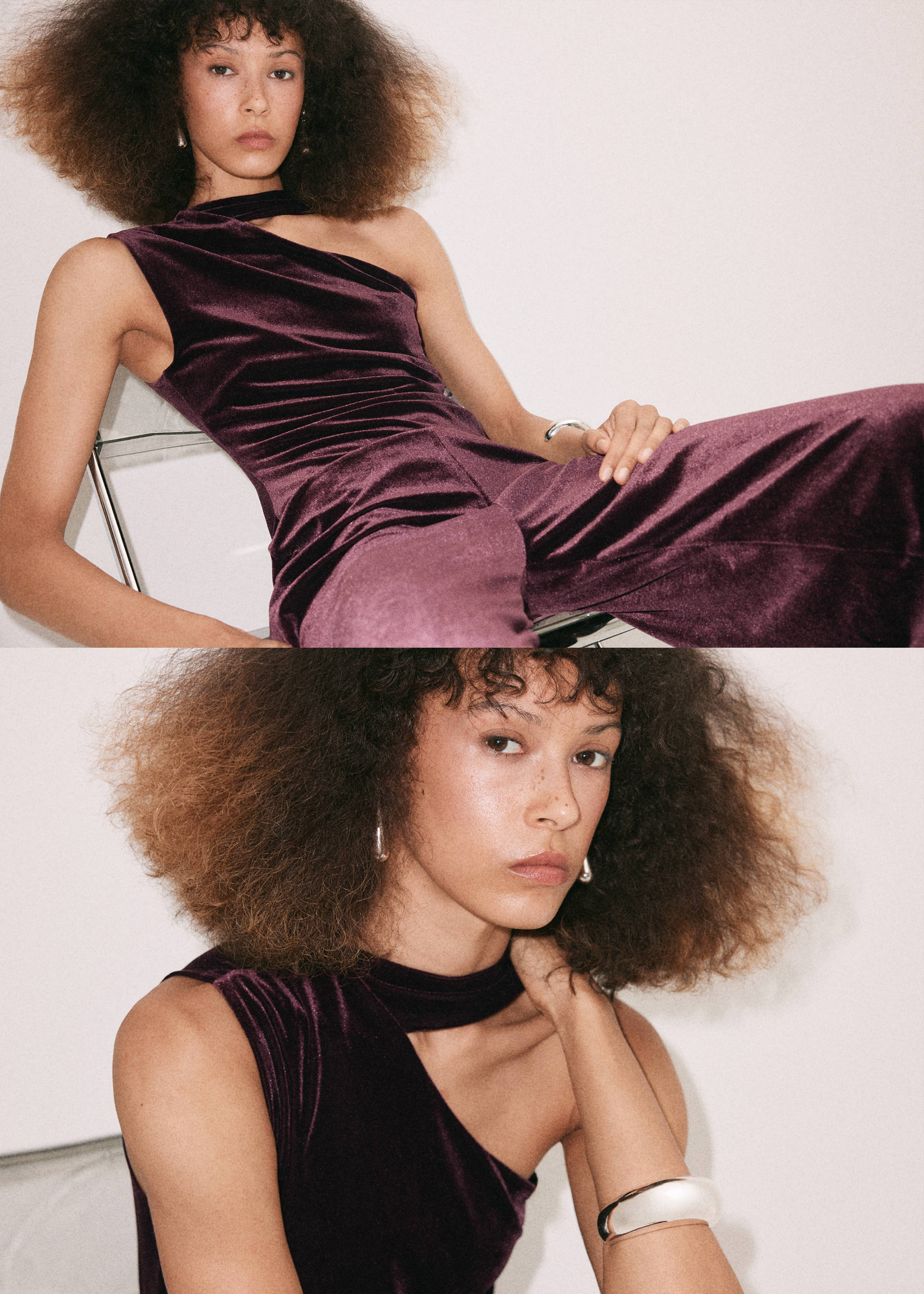 Plum purple velvet jumpsuit with an asymmetric neckline, shown in a two-part e-commerce shot.
