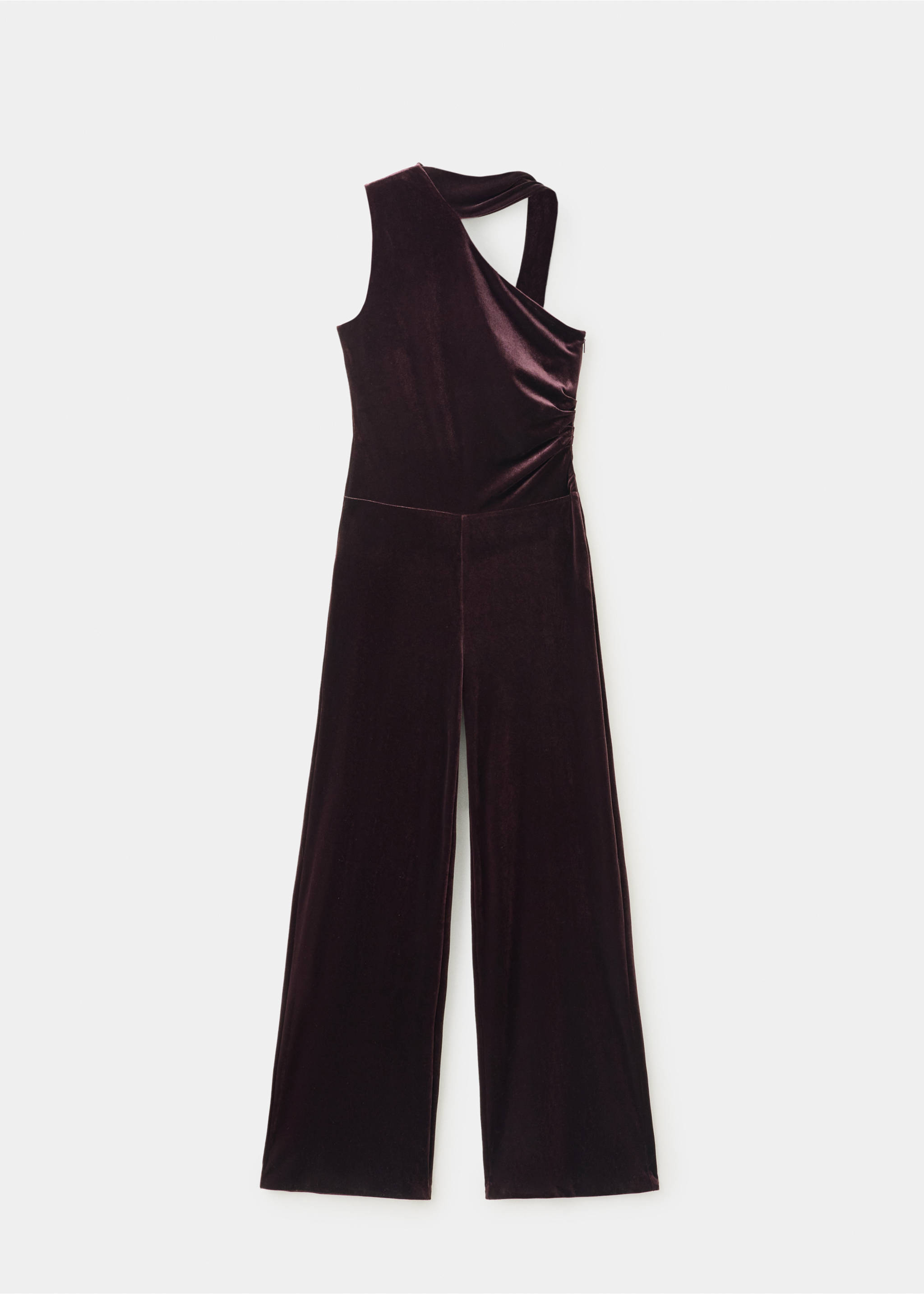 Burgundy velvet asymmetrical sleeveless jumpsuit with wide legs., Burgundy. Ref: 37087791-00.