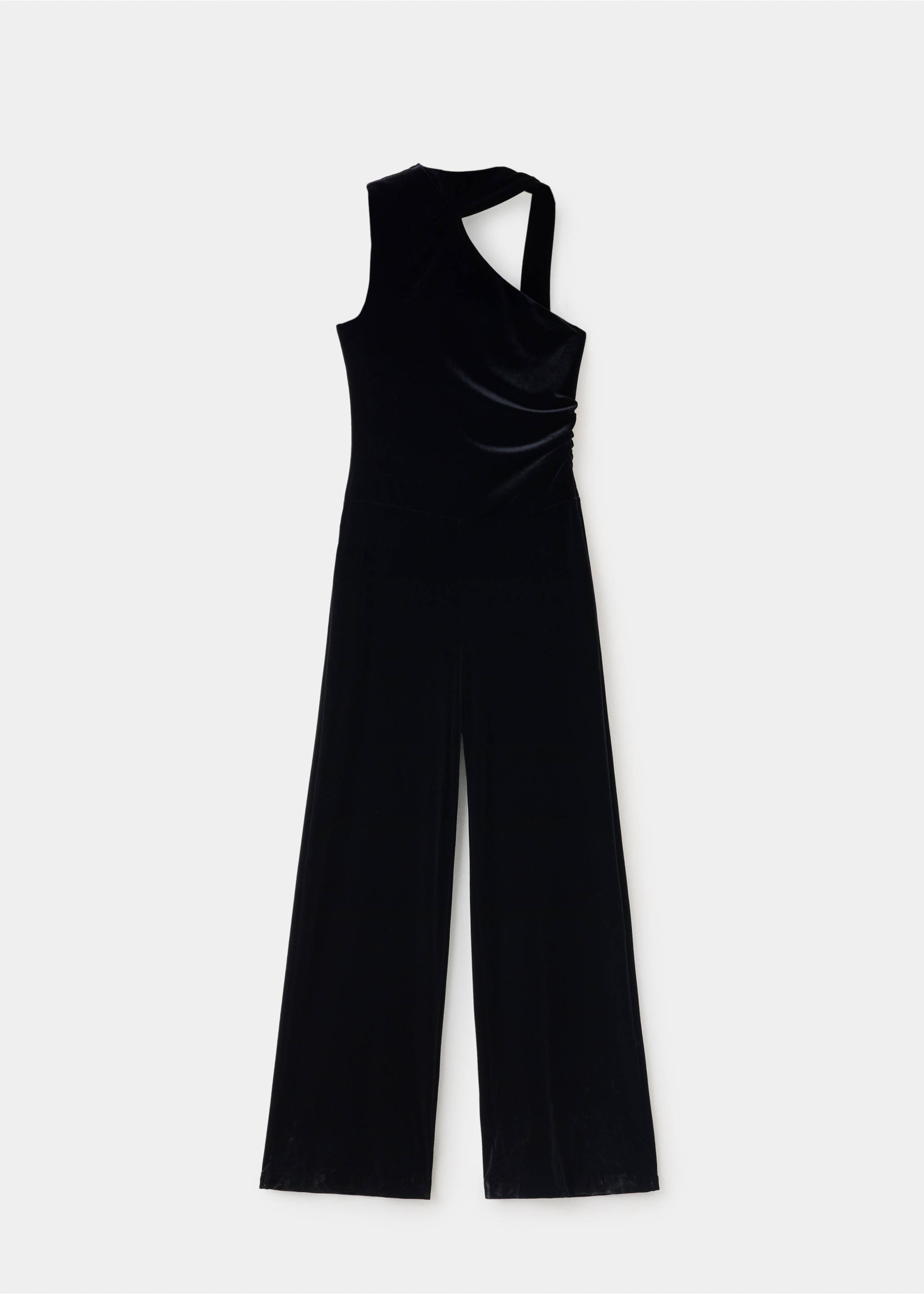 Black velvet jumpsuit with asymmetric neckline and wide legs., Black. Ref: 37087791-00.