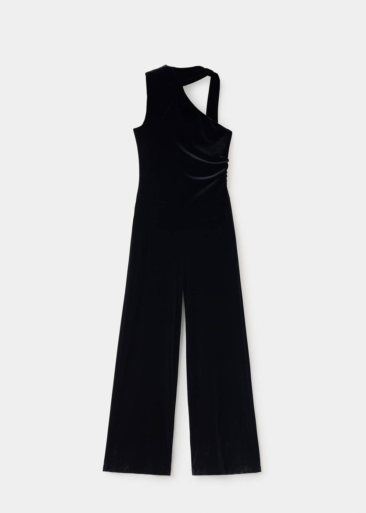 Velvet scarf-collar jumpsuit — Black