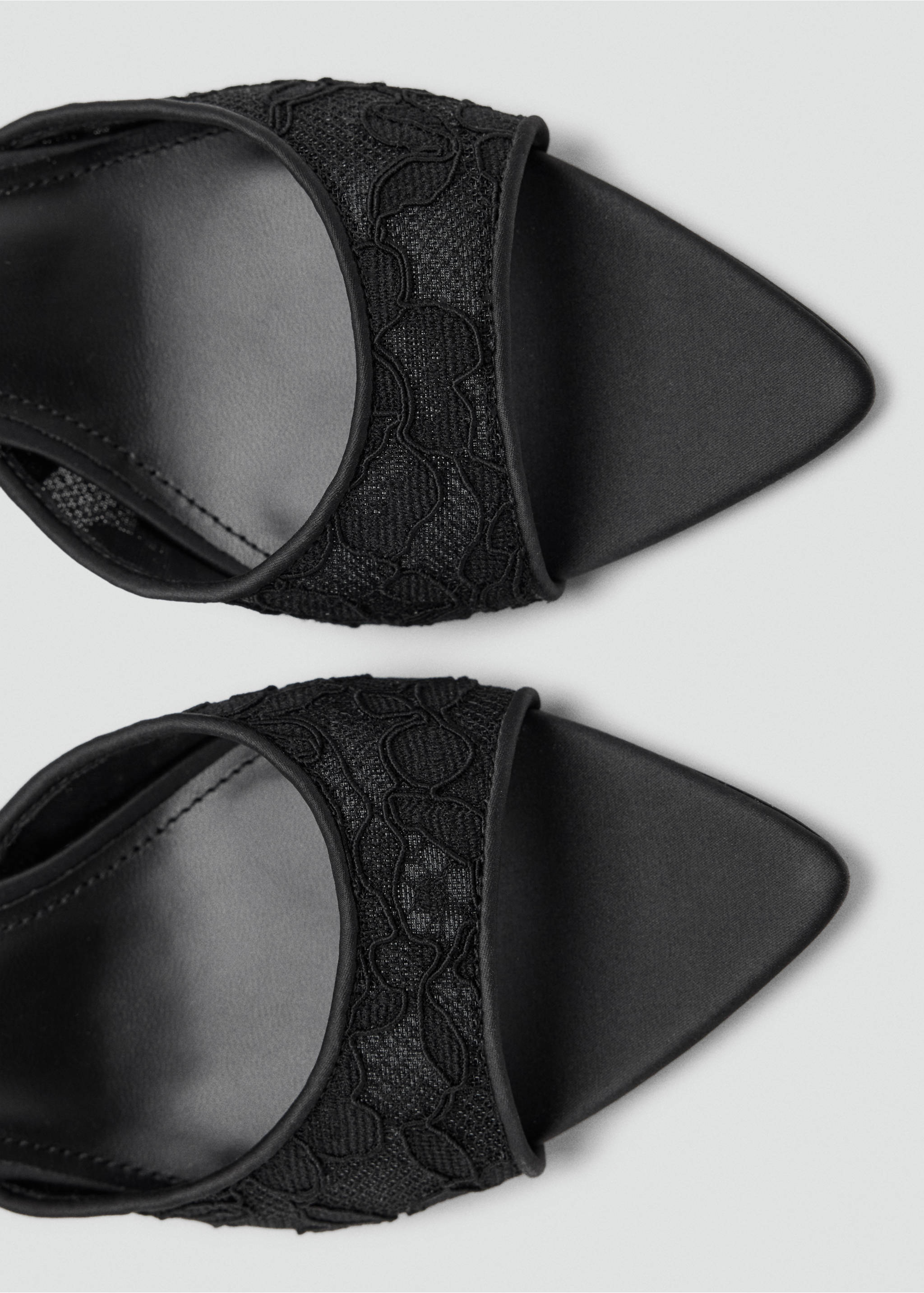 Close-up of black lace sandals with pointed toes., Black. Ref: 37087792-00.