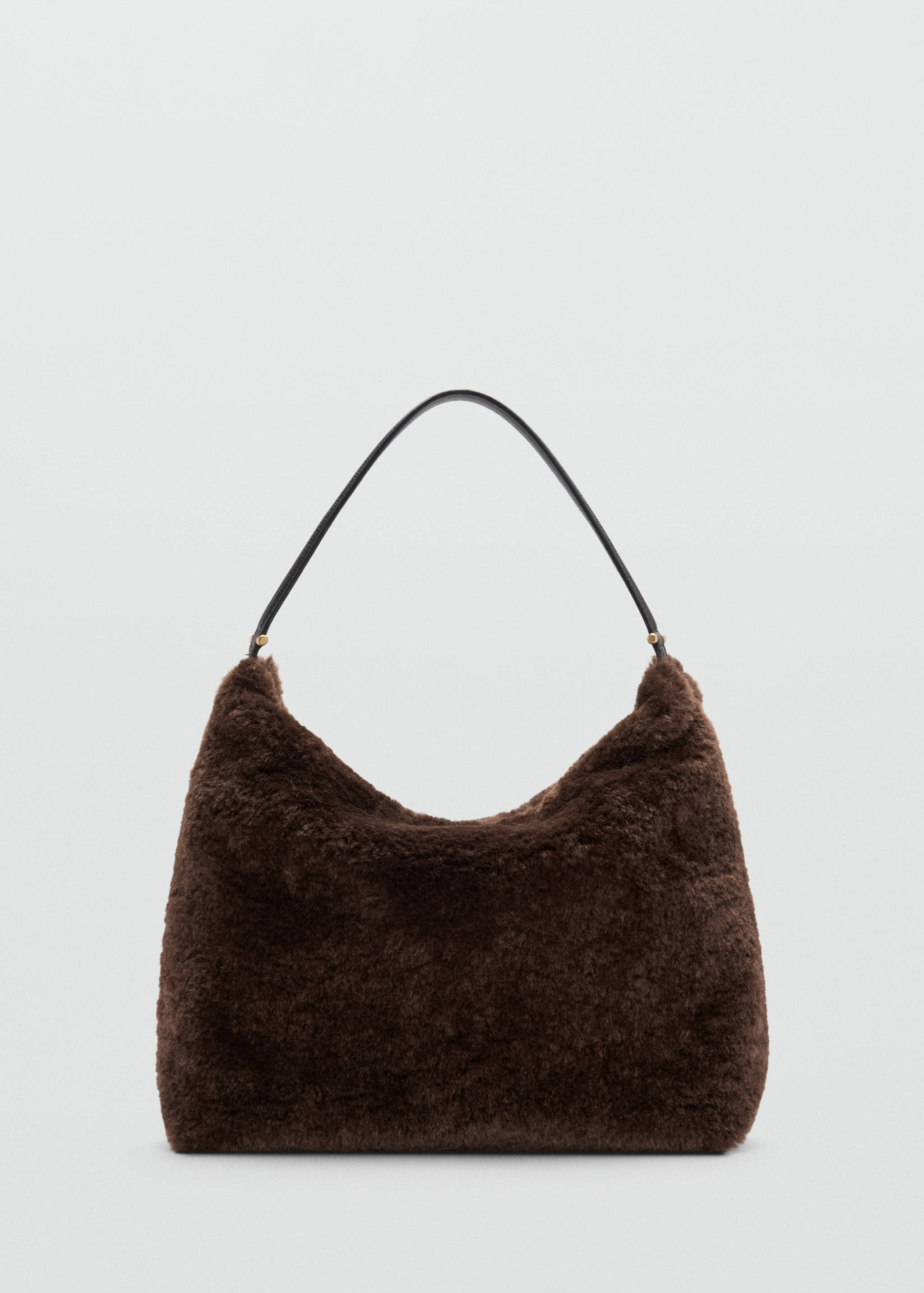 Dark brown faux-fur shoulder bag with a slim black strap.