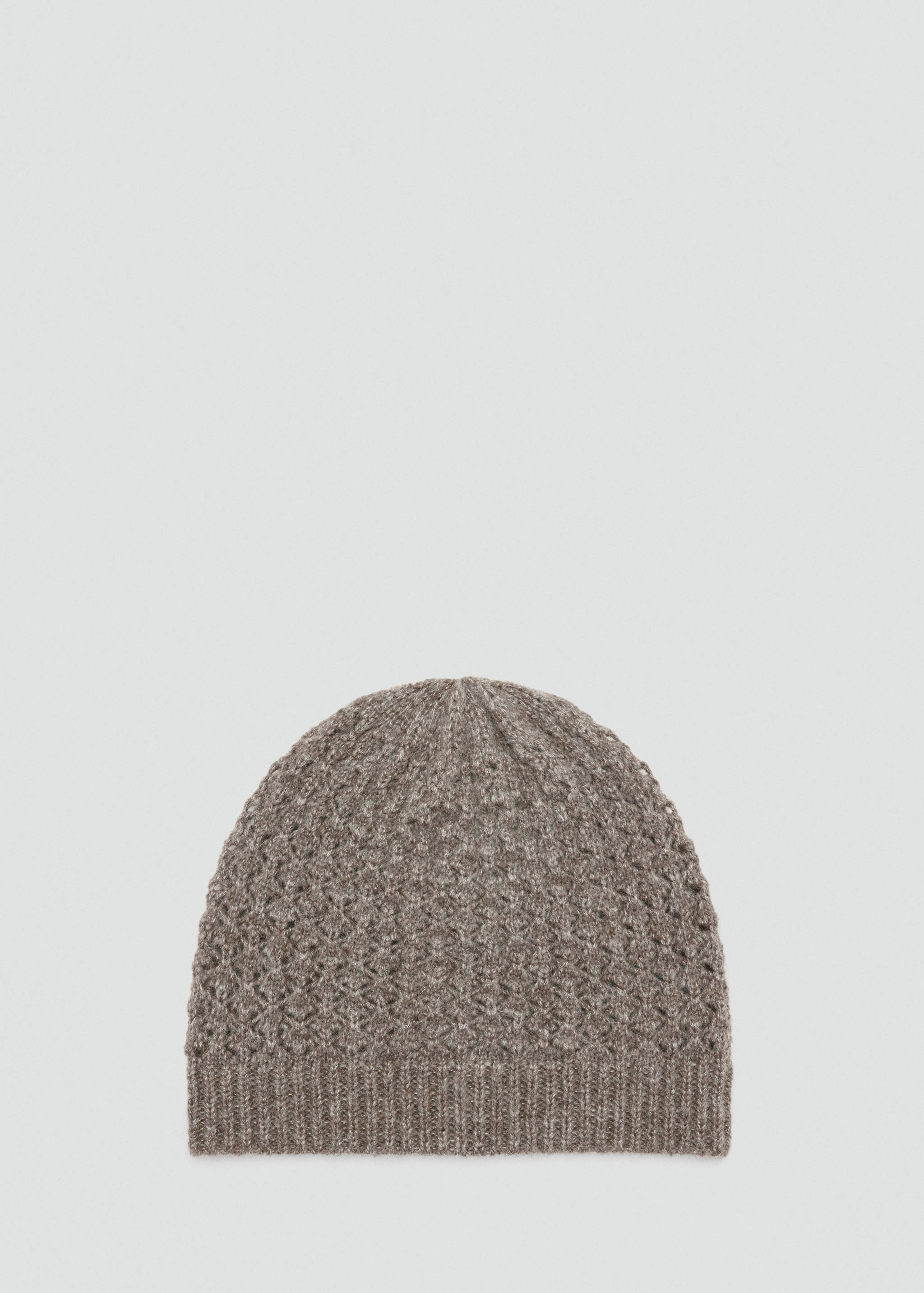 Brown knit beanie hat with a textured pattern and ribbed hem.