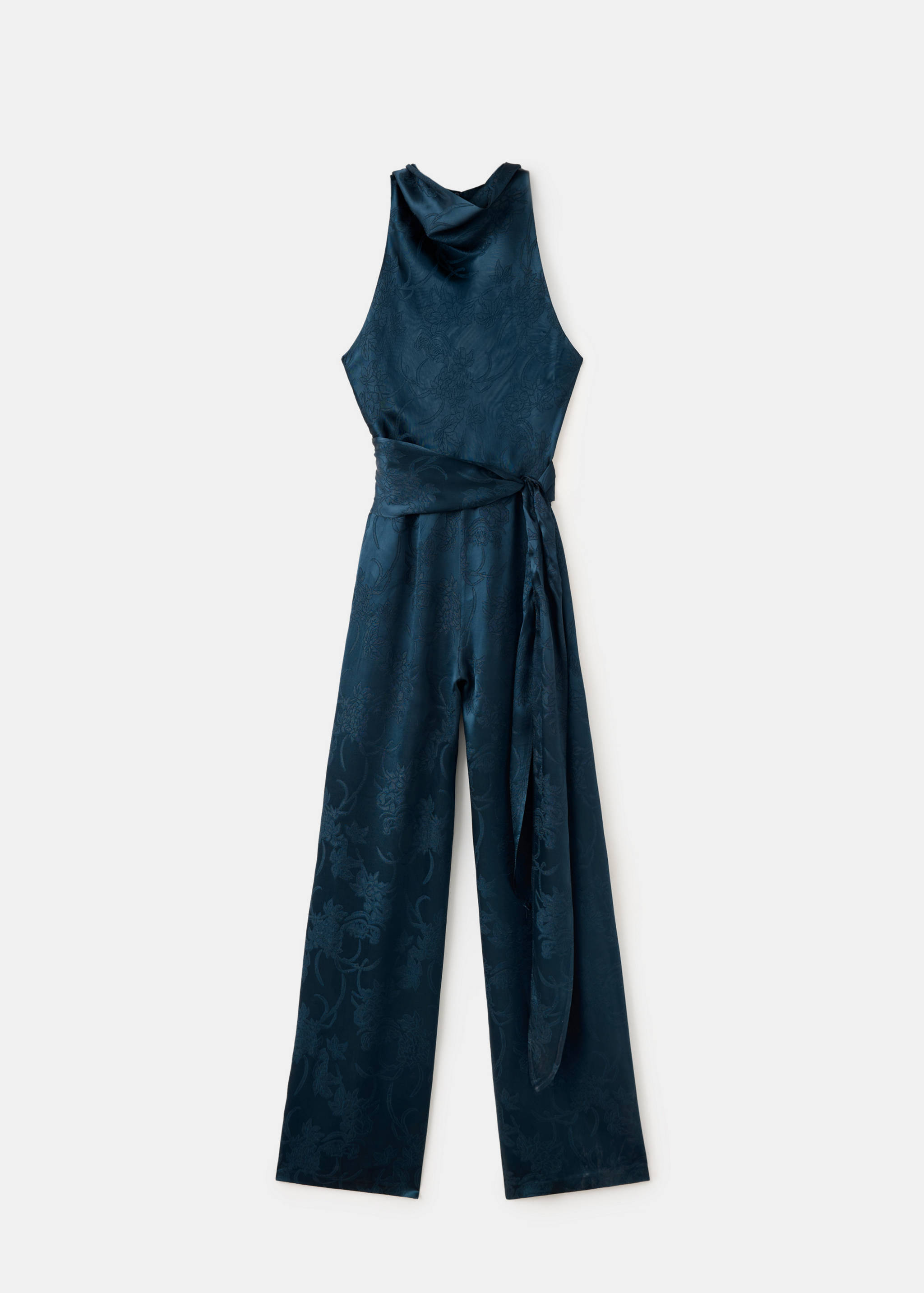 Dark teal floral jacquard jumpsuit with a cowl neck and tie waist.