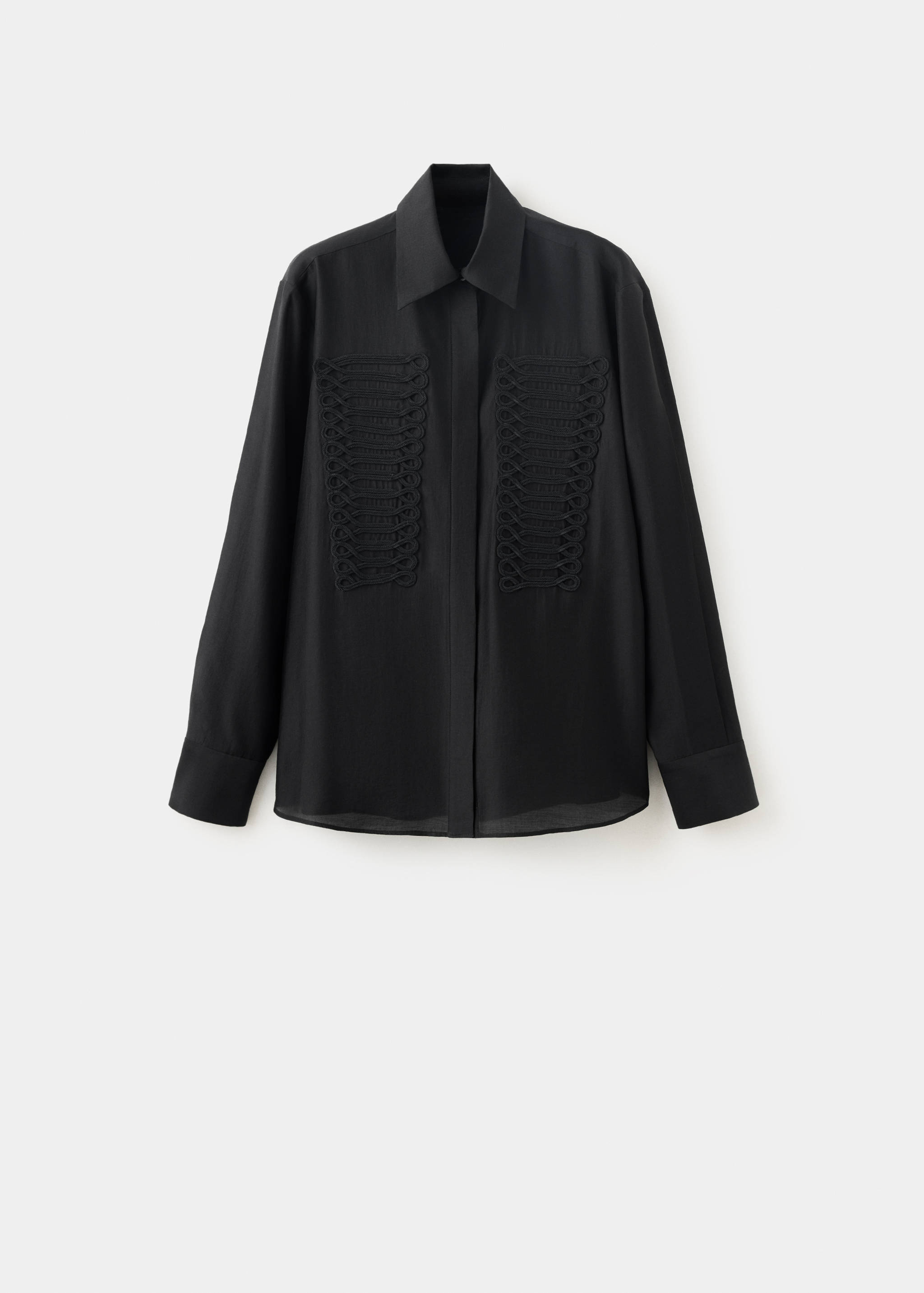 Black long-sleeved shirt with a classic collar and decorative chest braiding.