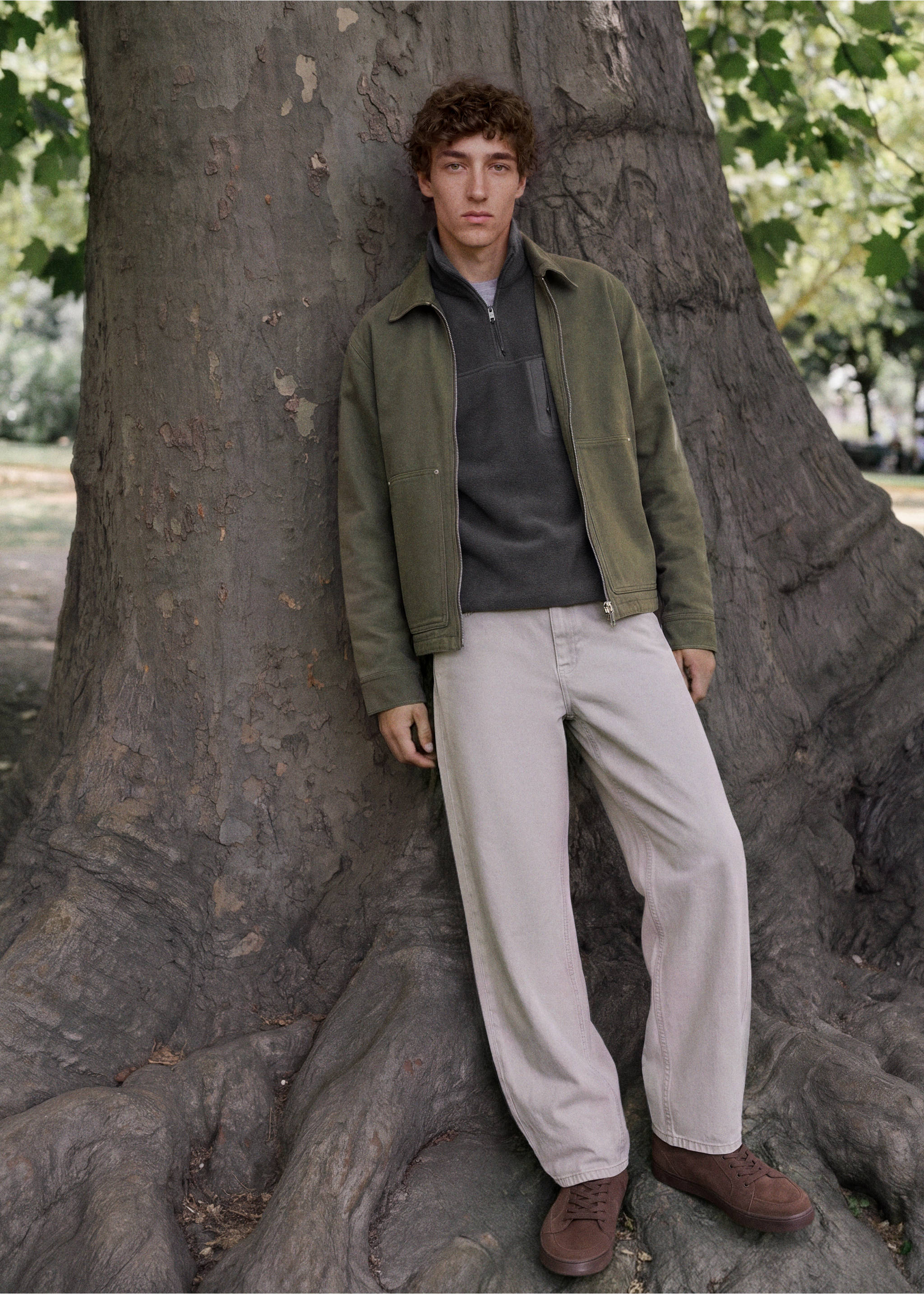 Dark grey half-zip fleece sweatshirt worn with an olive green jacket and trousers, Charcoal. Ref: 37087805-00.