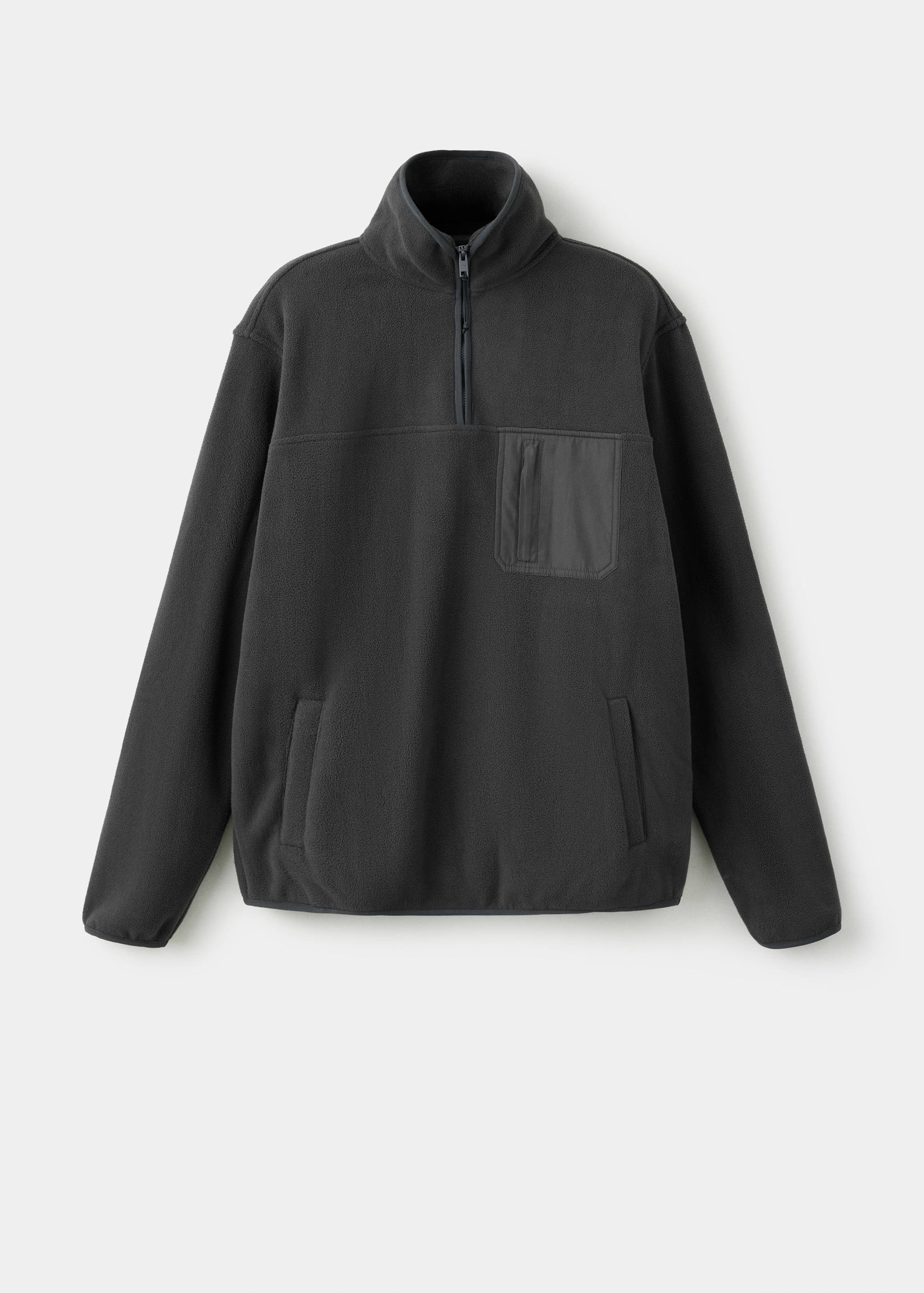 Dark grey fleece sweatshirt with a high funnel neck, half-zip fastening, and chest pocket.
