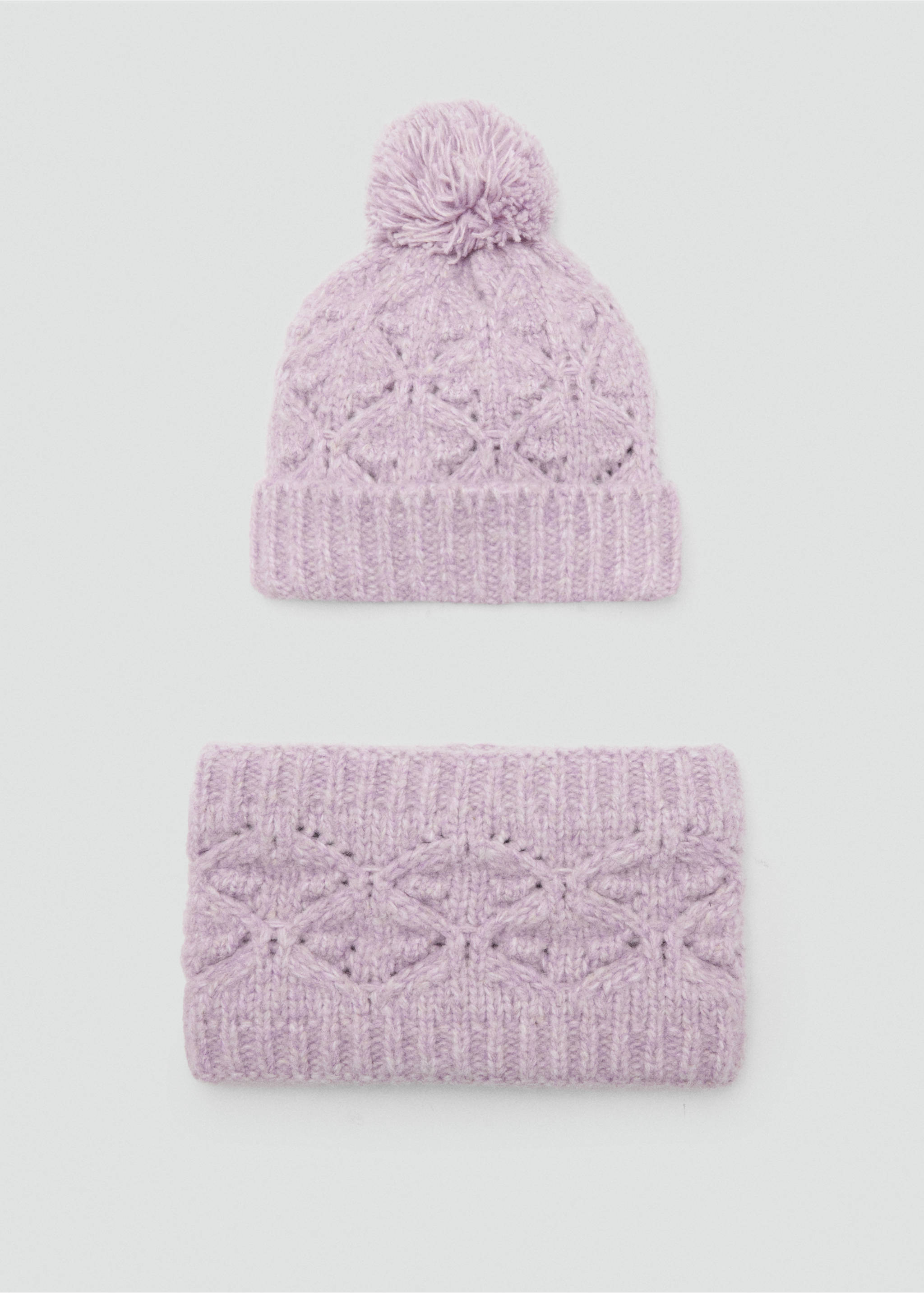 Pale lilac kids' knitted beanie with a pom-pom and matching neck warmer., Lilac. Ref: 37087806-00.