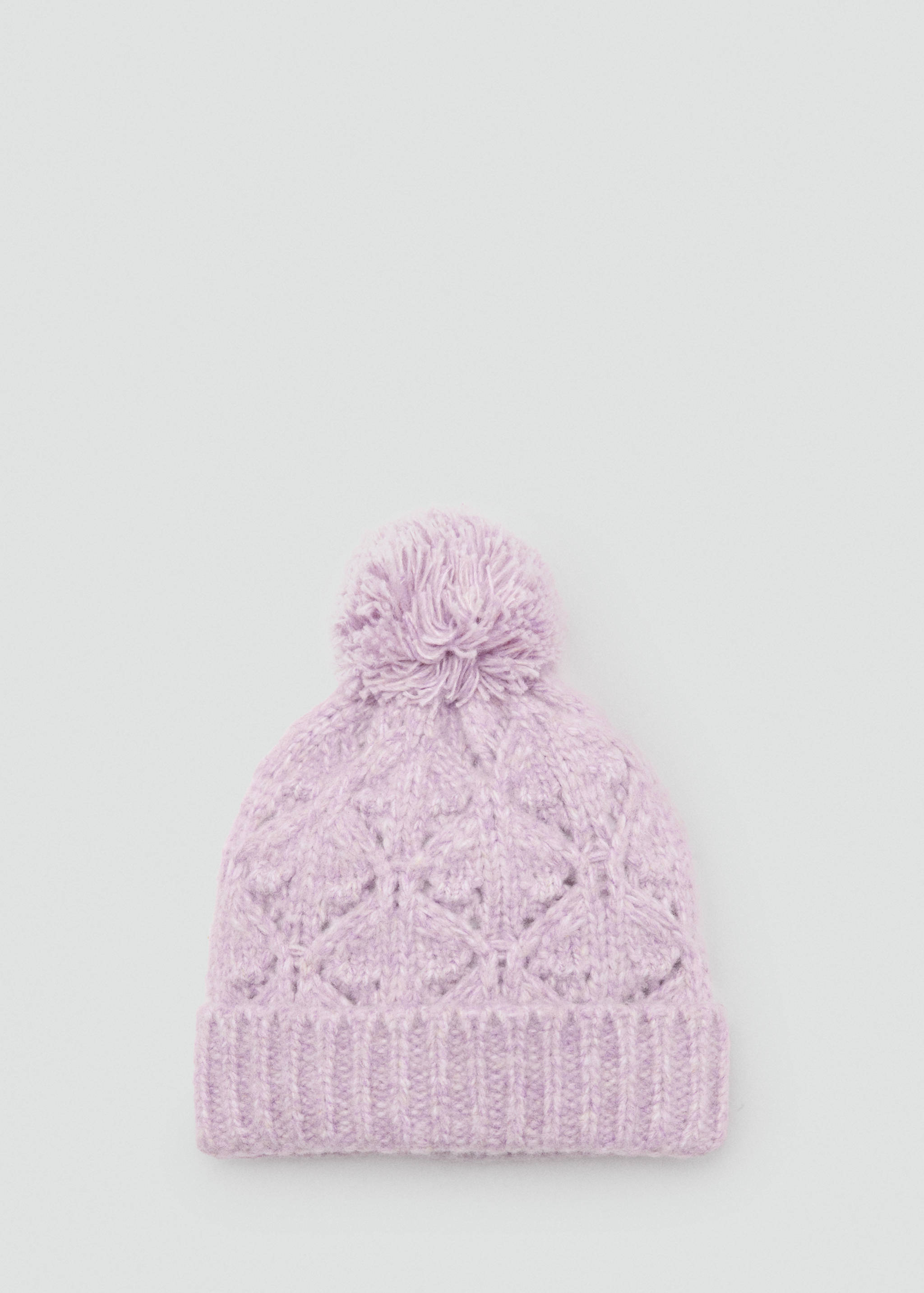Lilac knit beanie hat with a pom-pom and ribbed brim.