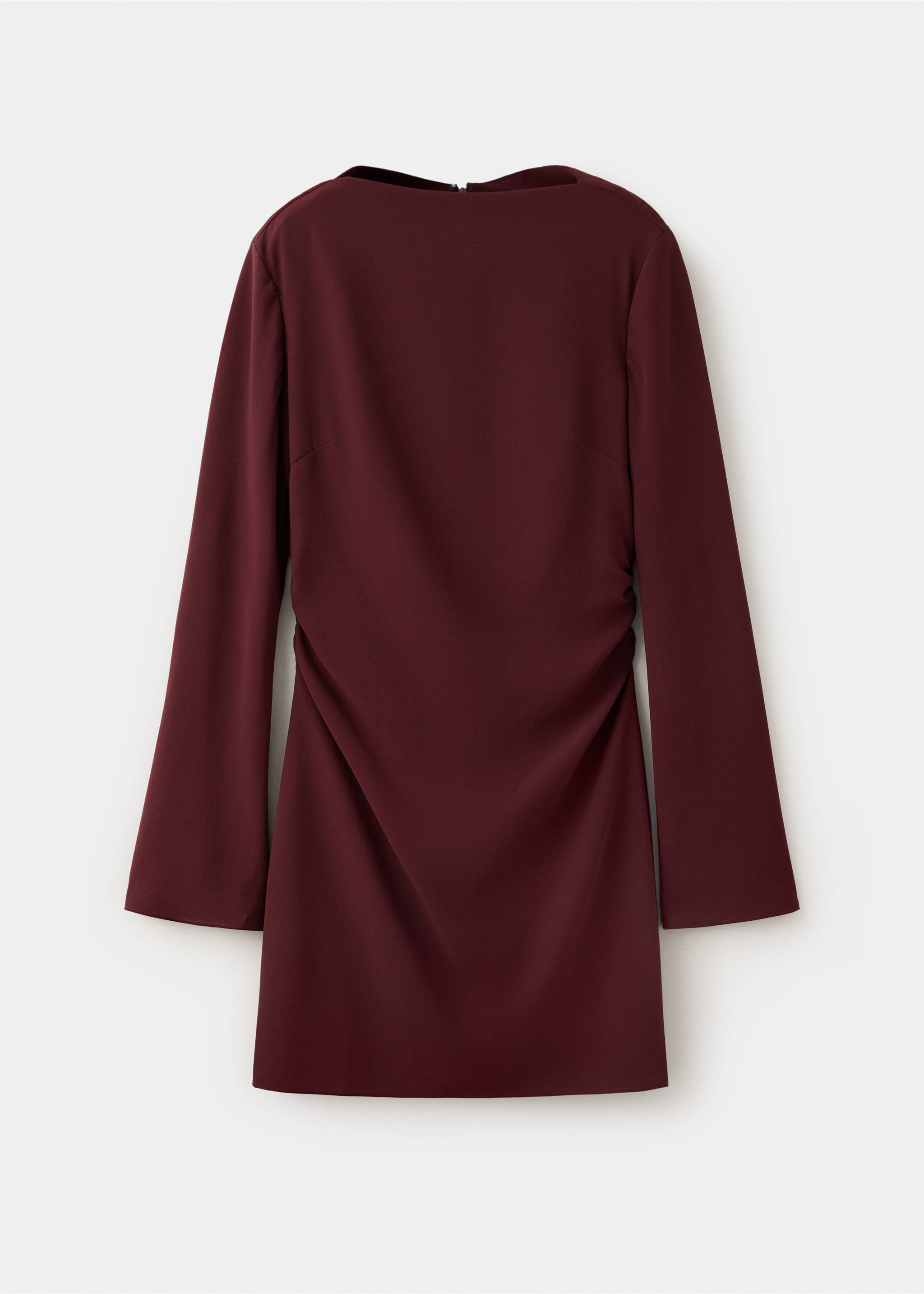 Burgundy long-sleeved dress with boat neck and side ruching., Maroon. Ref: 37087809-00.