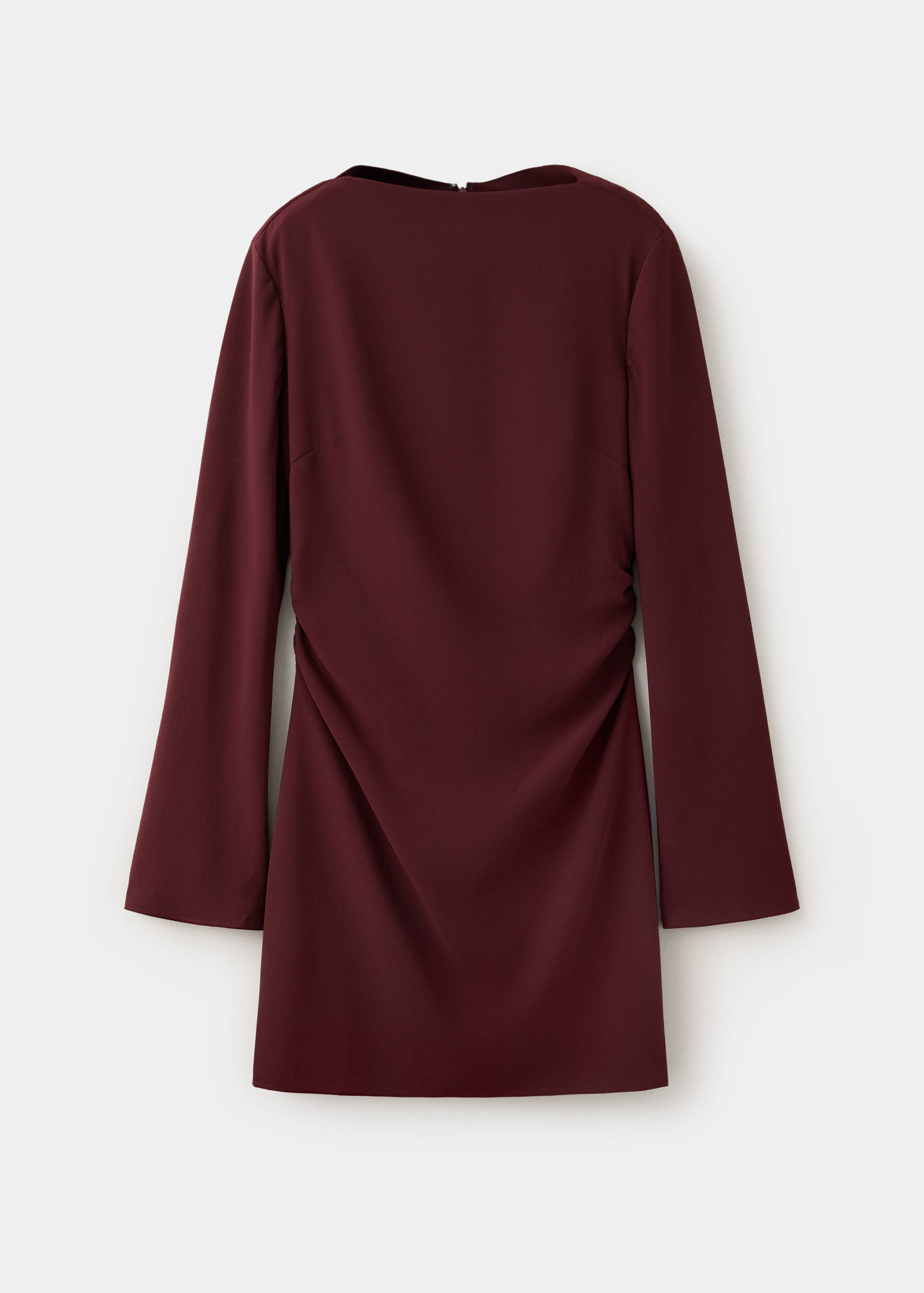 Burgundy long-sleeved dress with boat neck and side ruching.